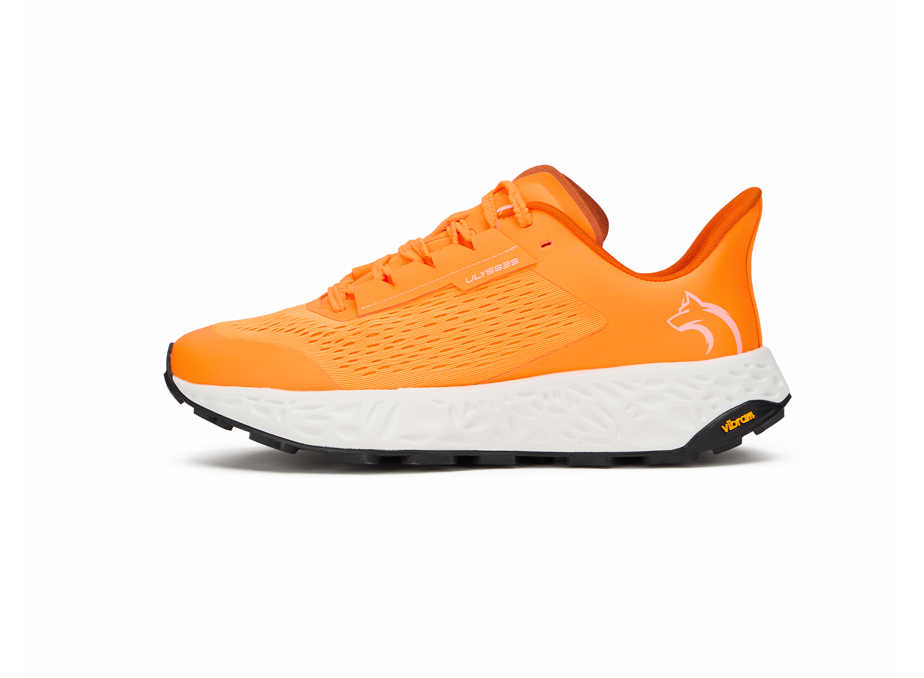 Product shot of an orange Ulysses trail shoe with a fox logo and Vibram outsole, side view on a white background.