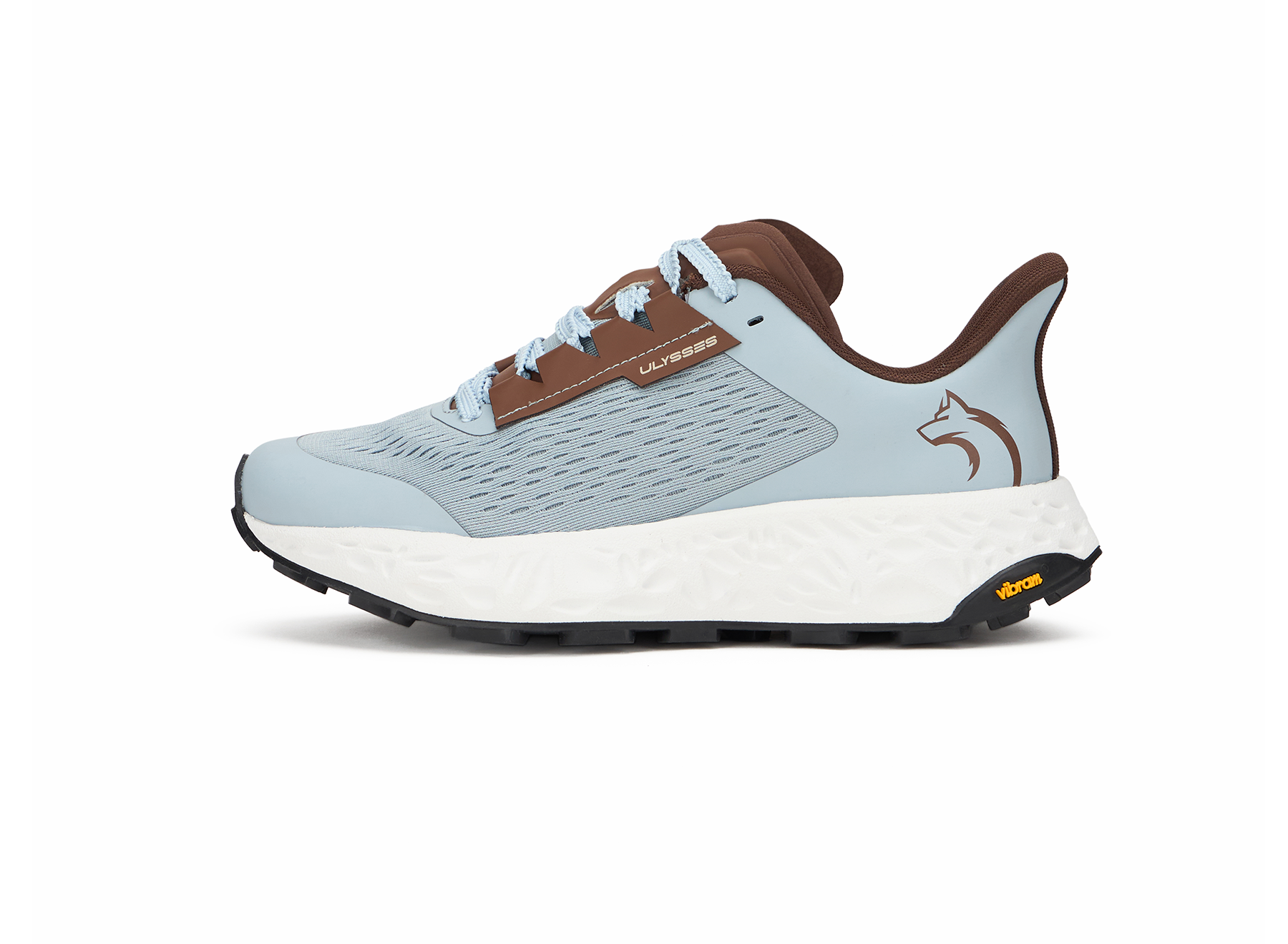 Product shot of a dusty blue and brown Ulysses trail shoe with a fox logo and Vibram outsole, side view on a white background.