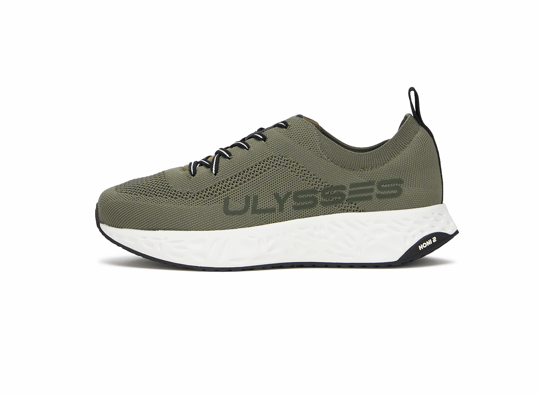 Product shot of a dusty olive green knit Ulysses running shoe with black laces, side view on a white background.