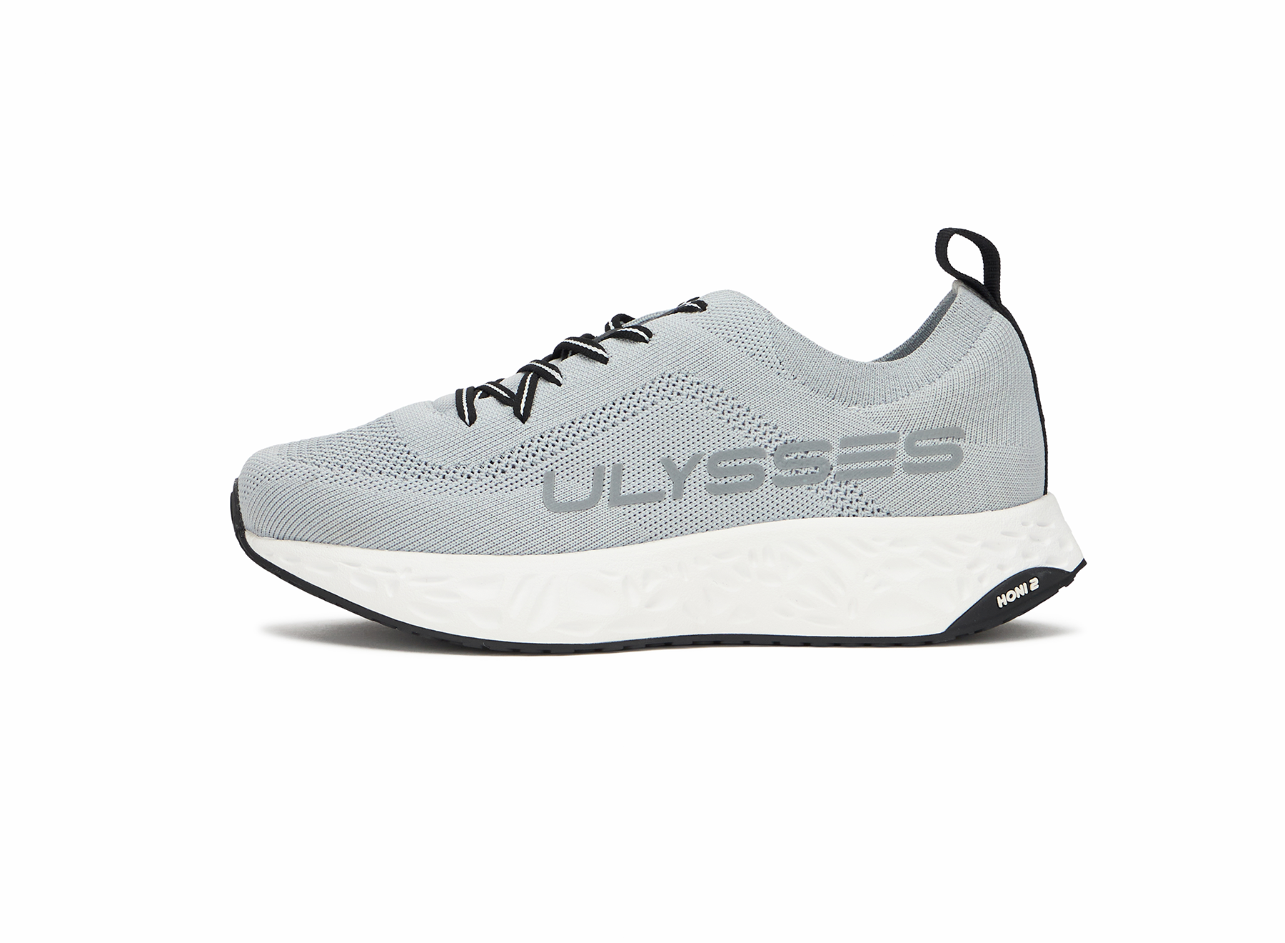 Product shot of a light gray knit Ulysses running shoe, side view on a white background.