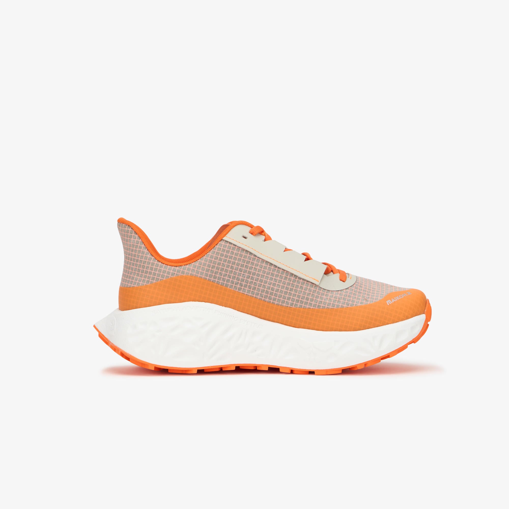 A single athletic sneaker shown from the side profile against a clean, light gray background. The shoe features a light beige mesh upper, a prominent orange midsole and heel accent, and an orange outsole.