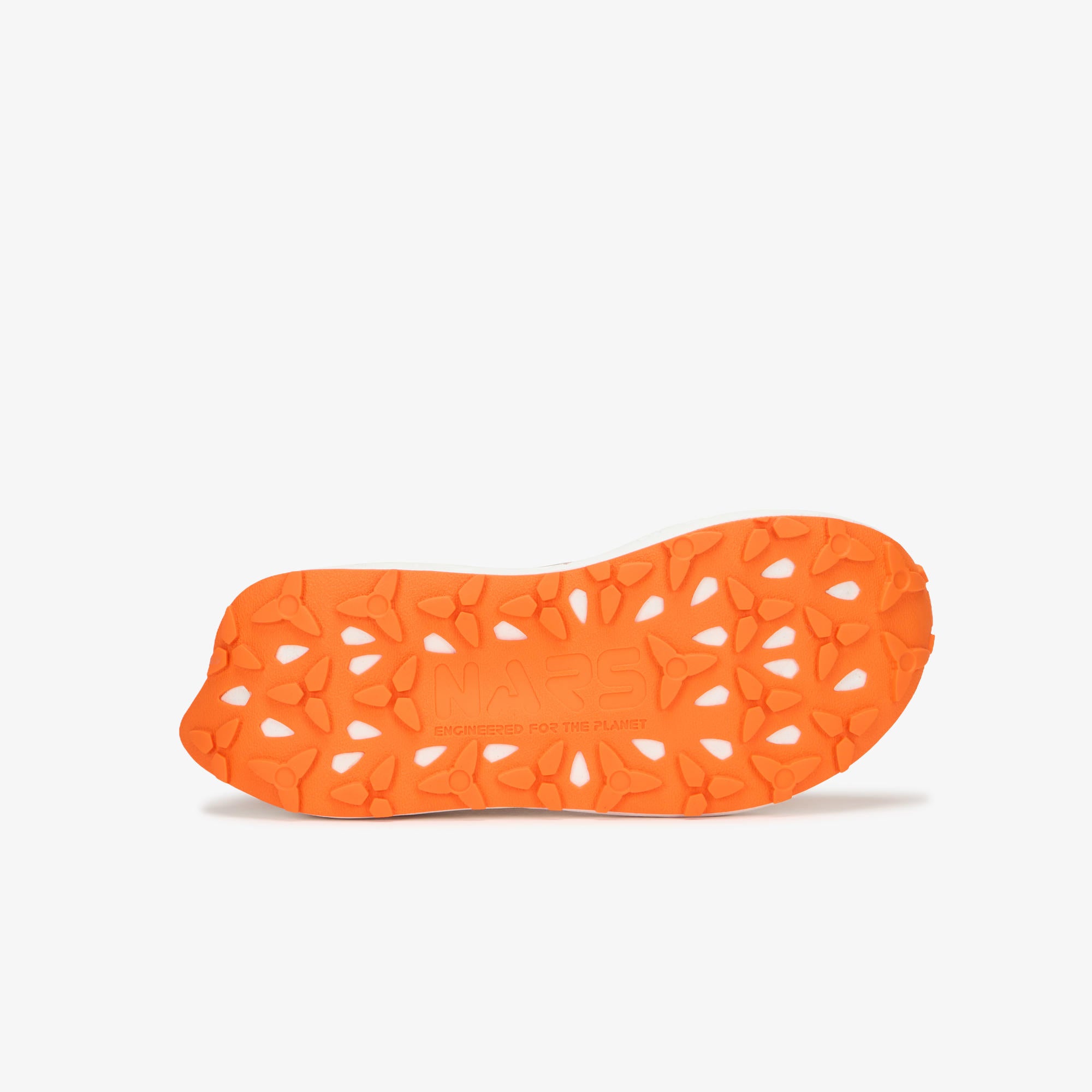 A bright orange shoe sole with a textured tread pattern and cutout details, shown from a top-down view on a light gray background.