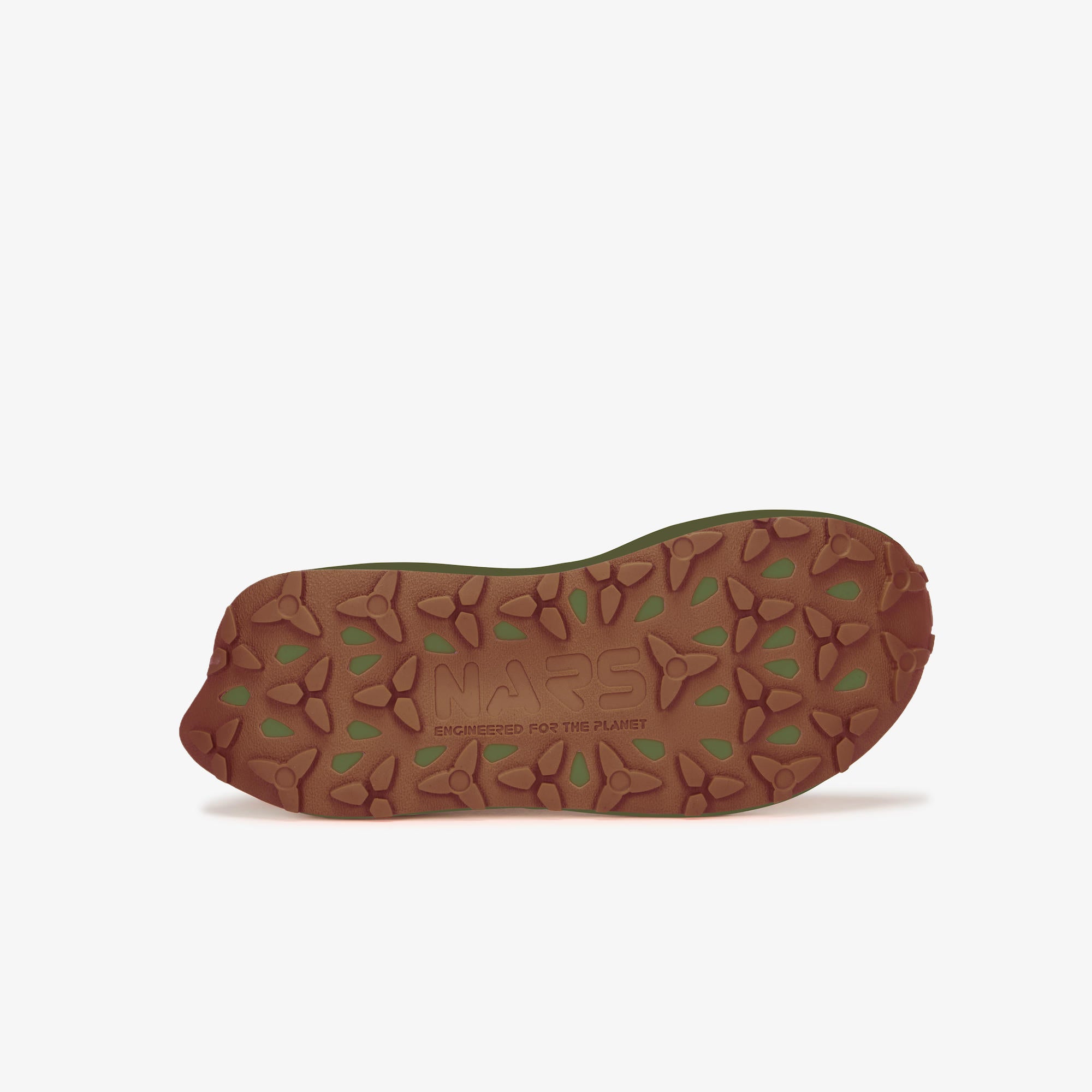 The outsole of a shoe shown from the bottom, featuring a brown treaded design with green accents and embossed branding that reads 'NARS'.