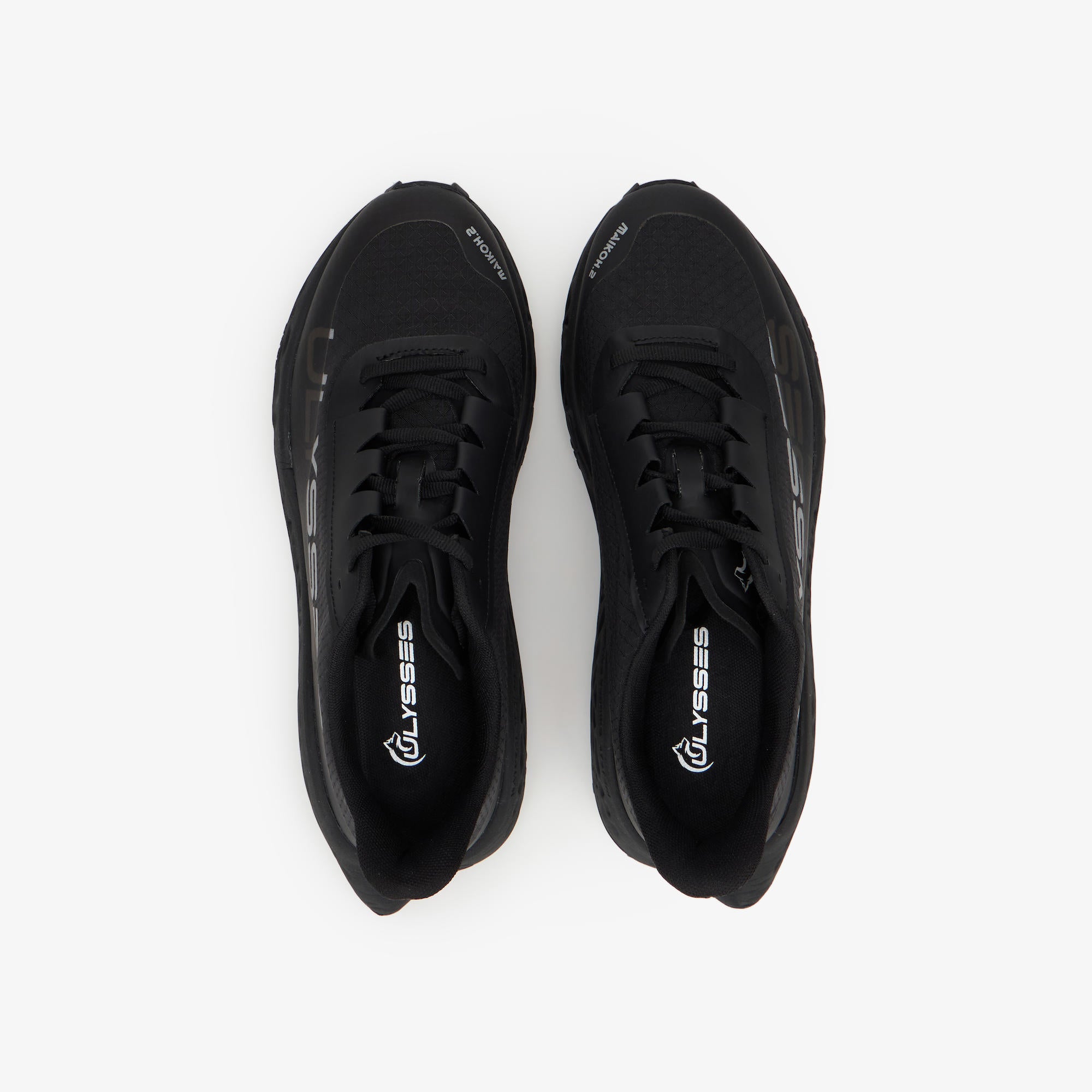 A pair of black athletic running shoes shown from a top-down view on a clean white background. The shoes feature black laces, a textured black upper, and the white 'ULYSSES' brand logo printed on the insole.