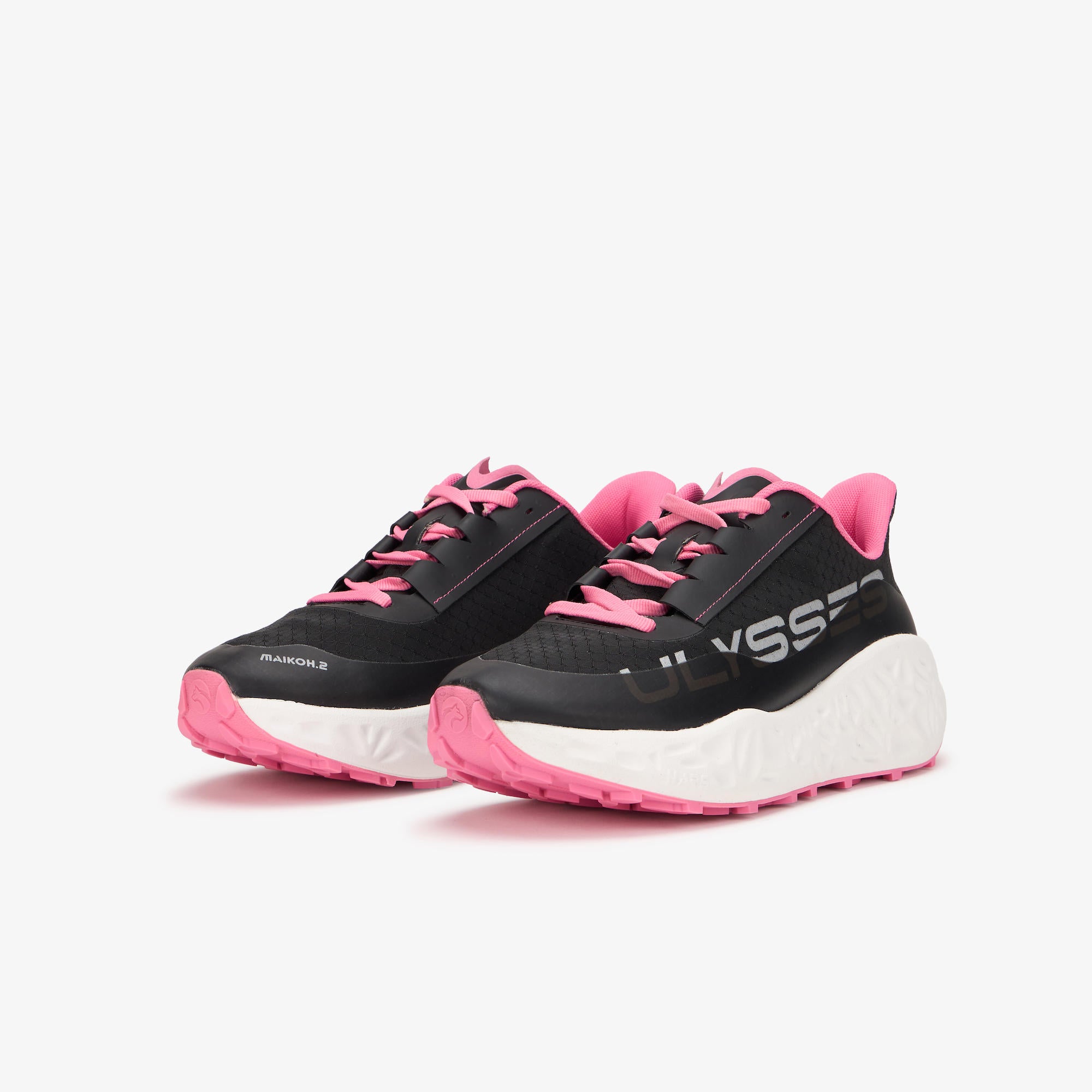 A pair of ULYSSES MAIKOH running shoes in black and pink with a white midsole, shown on a light gray background.