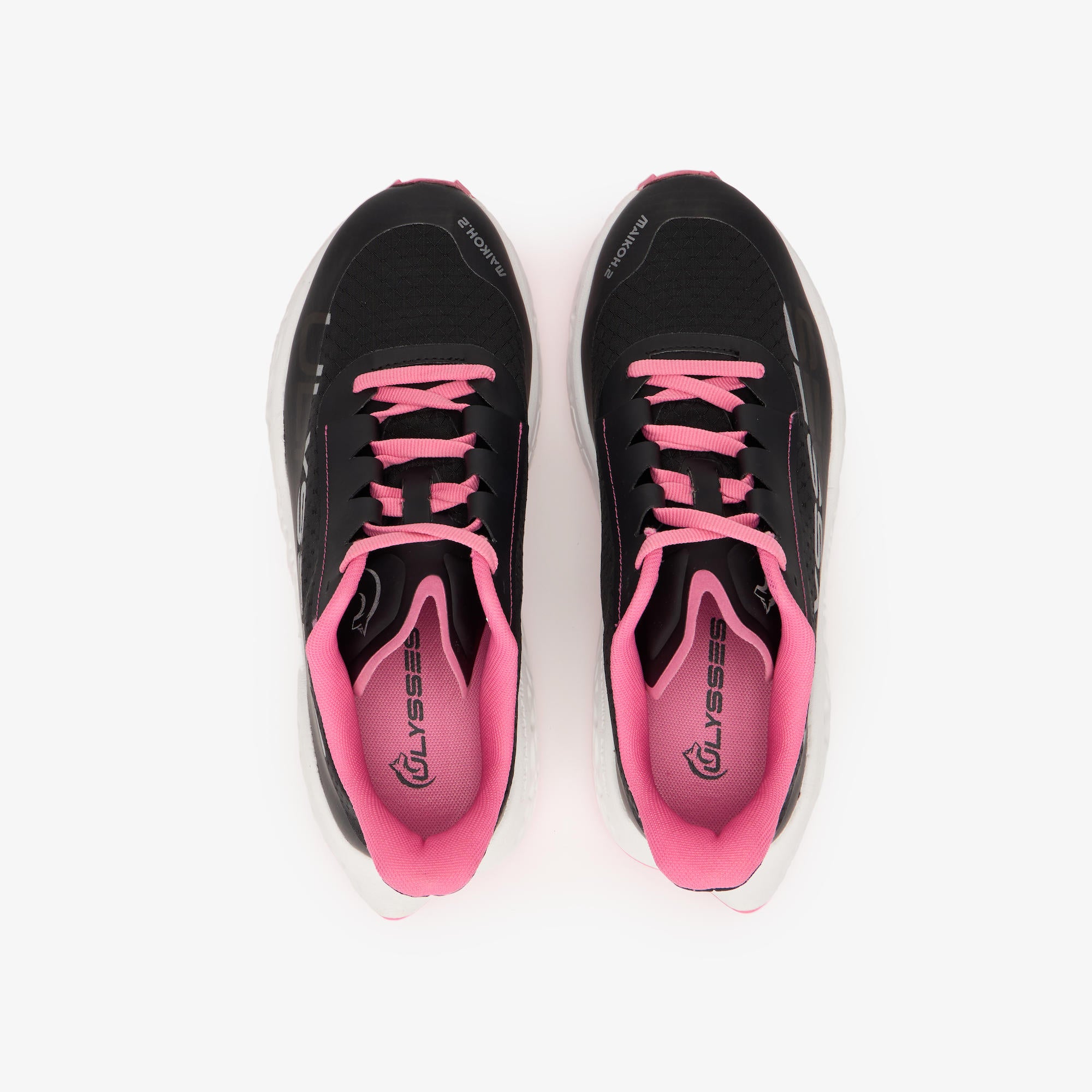 A pair of black and pink running shoes shown from a top-down view on a clean white background.