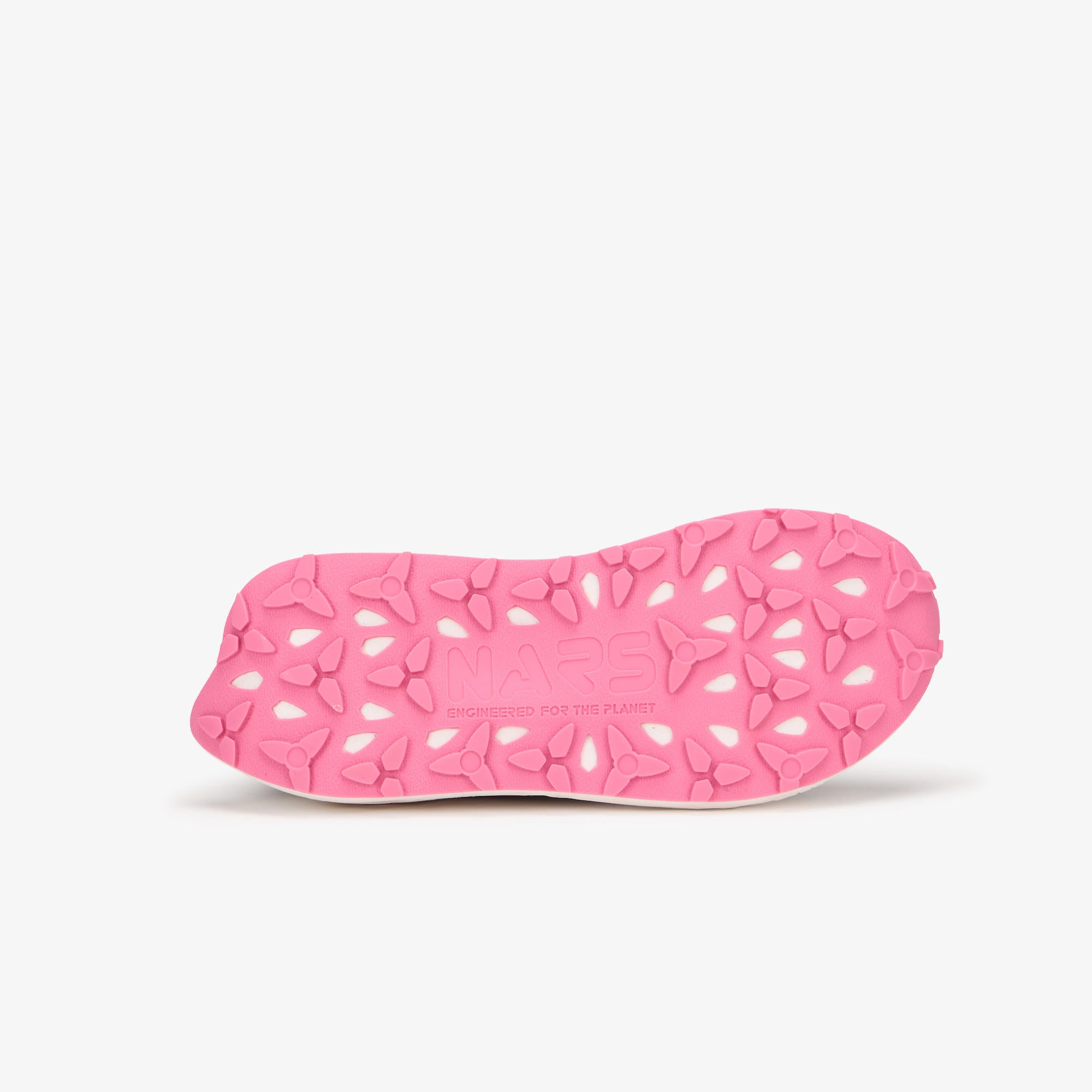 A bright pink sole of a shoe, shown from the bottom against a clean, off-white background. 