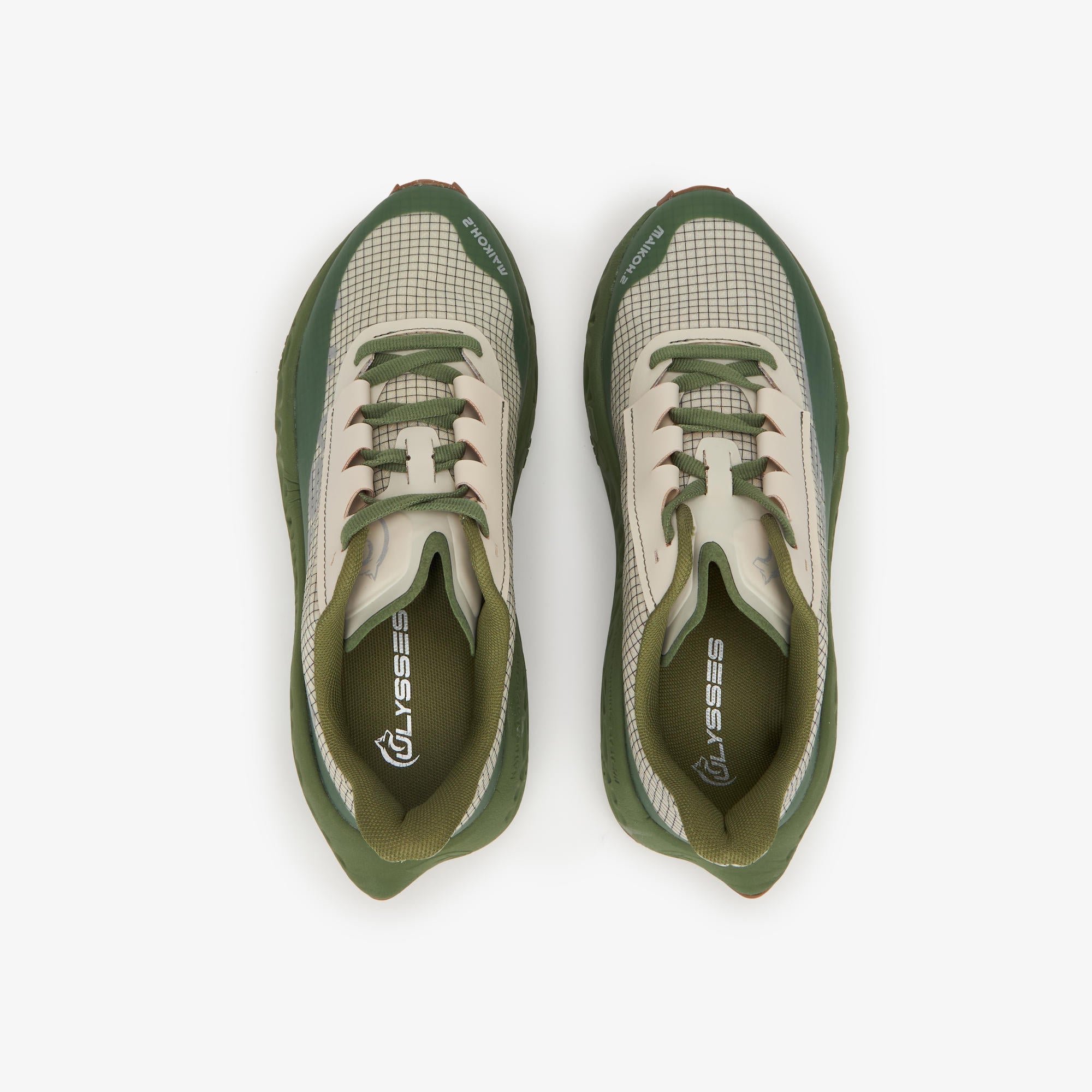 A pair of ULYSSES MAIKOH running shoes shown from a top-down view, featuring an off-white grid-patterned upper with olive green accents, laces, and lining on a light gray background.