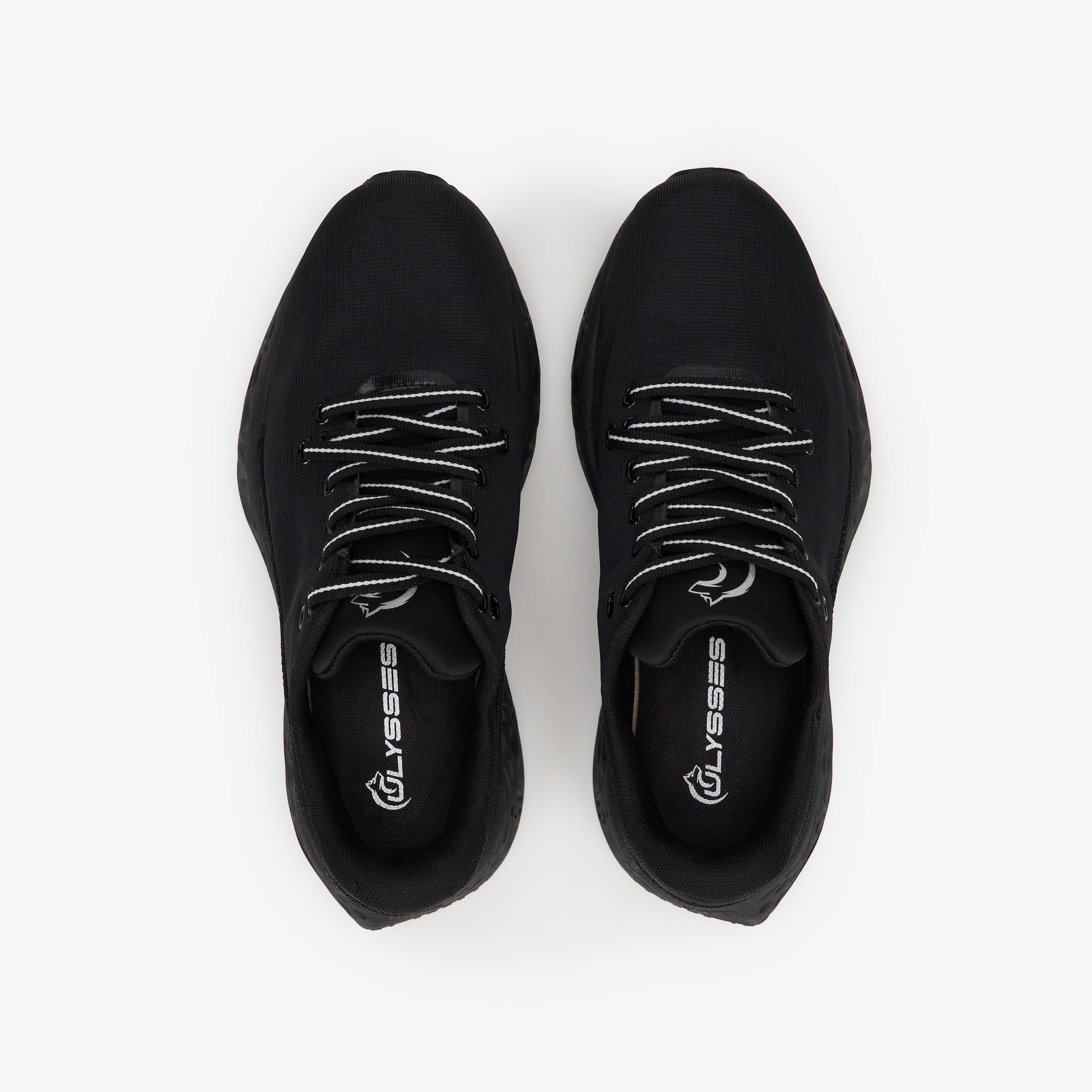 A pair of black ULYSSES NAAKII  athletic sneakers shown from a top-down view on a clean white background.