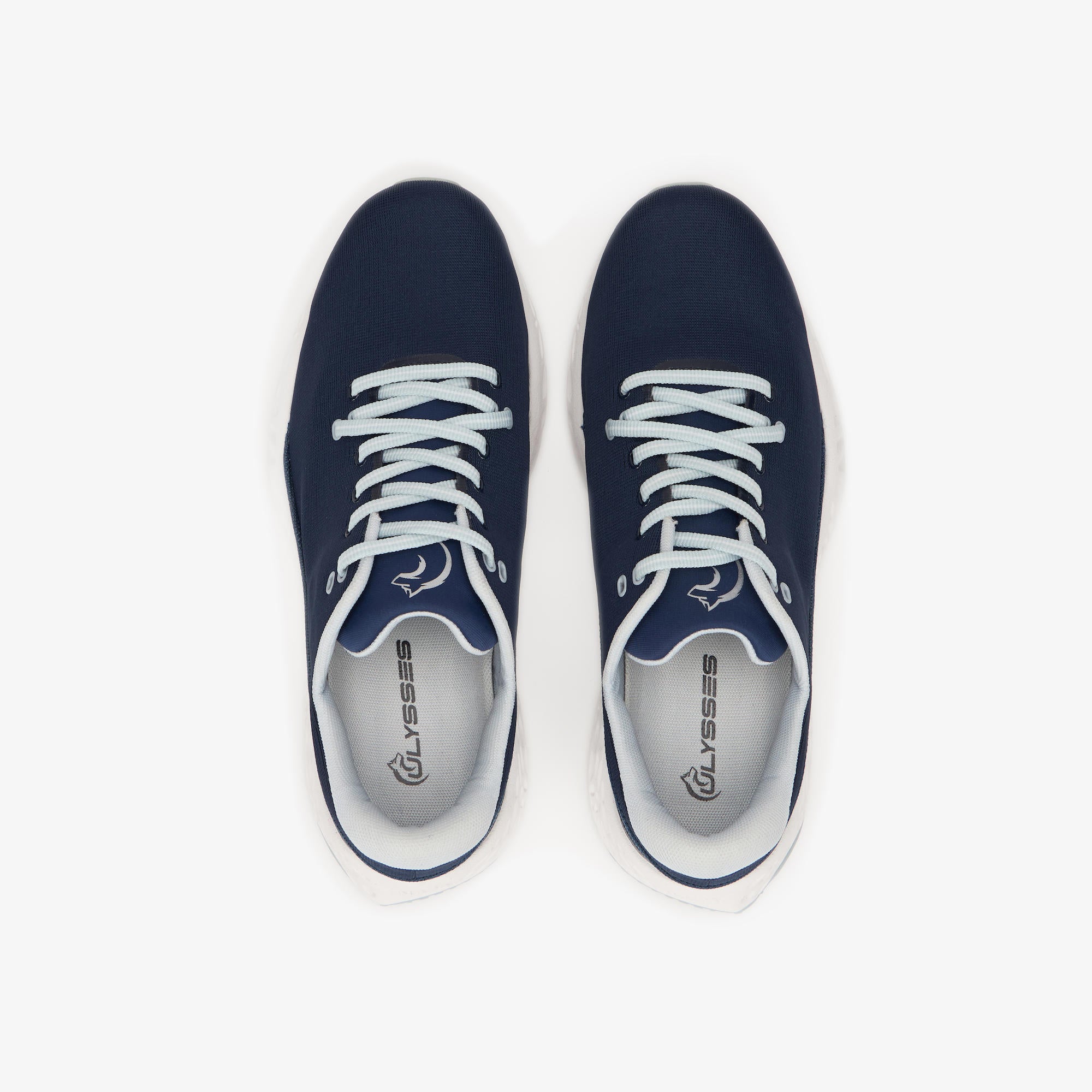 A pair of navy blue low-top sneakers with white laces and white soles, shown from a top-down view on a light gray background.