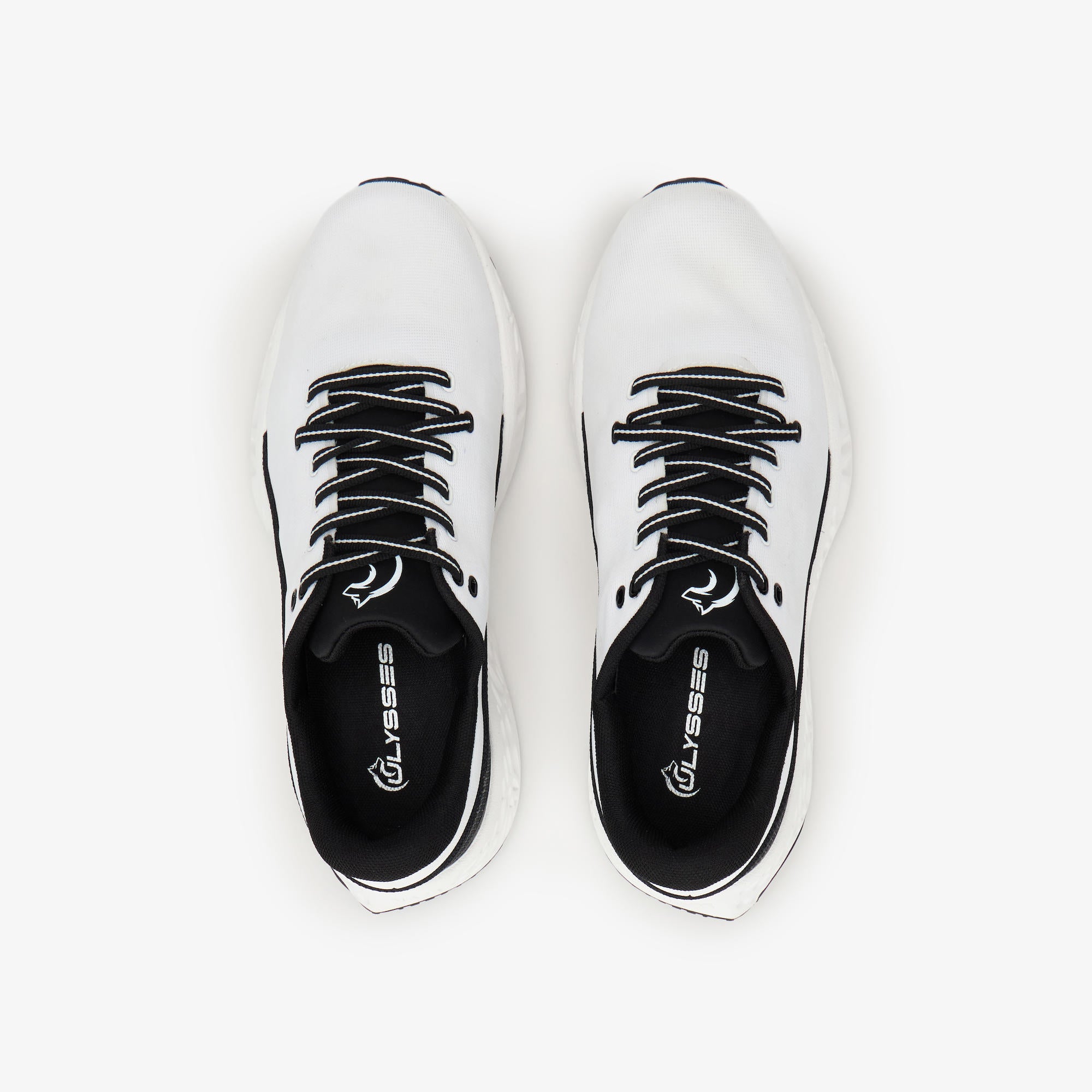 A pair of white and black athletic sneakers shown from a top-down view on a clean white background. The shoes feature black laces,