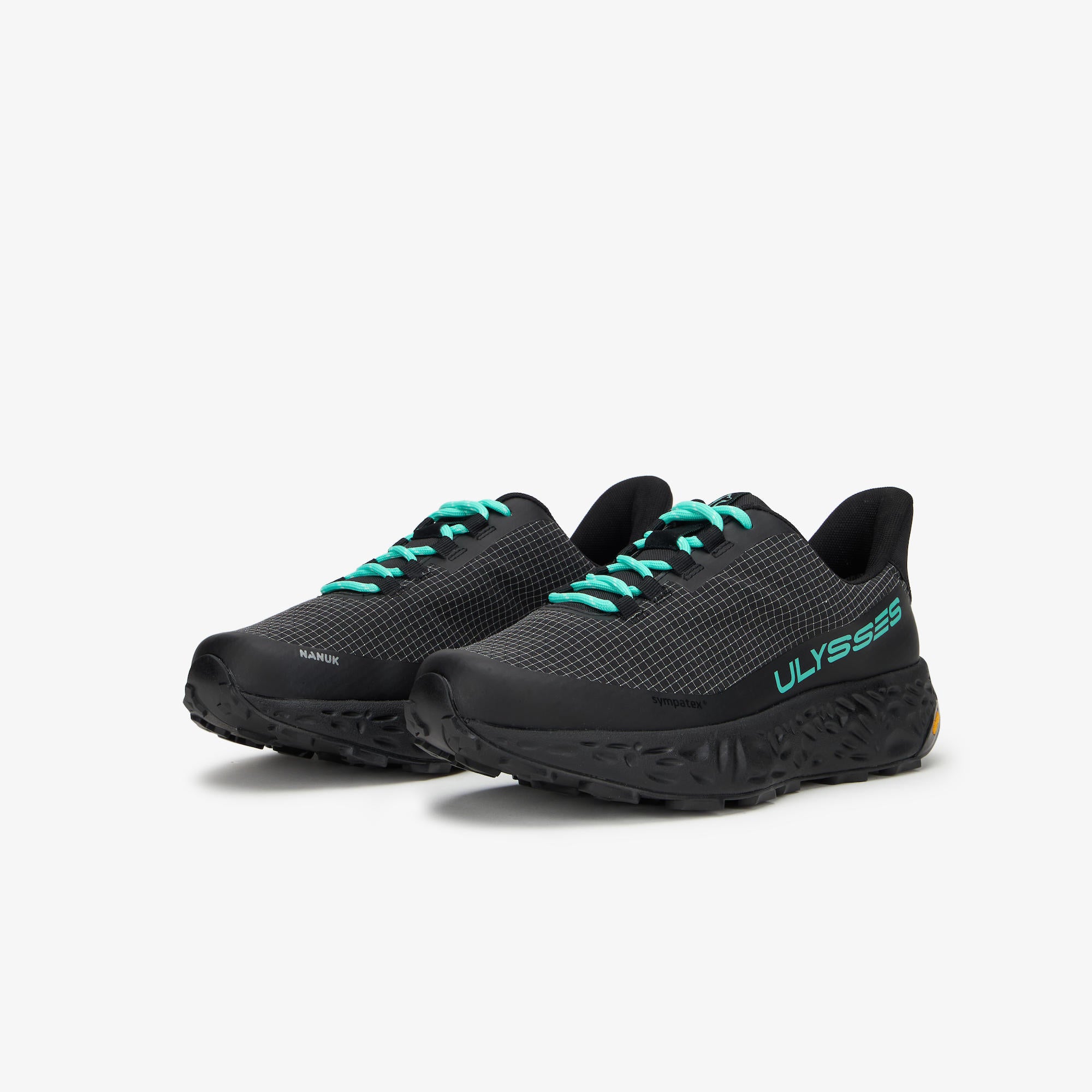 A pair of black ULYSSES NANUK trail running shoes with bright teal laces and branding, displayed on a clean light gray background.