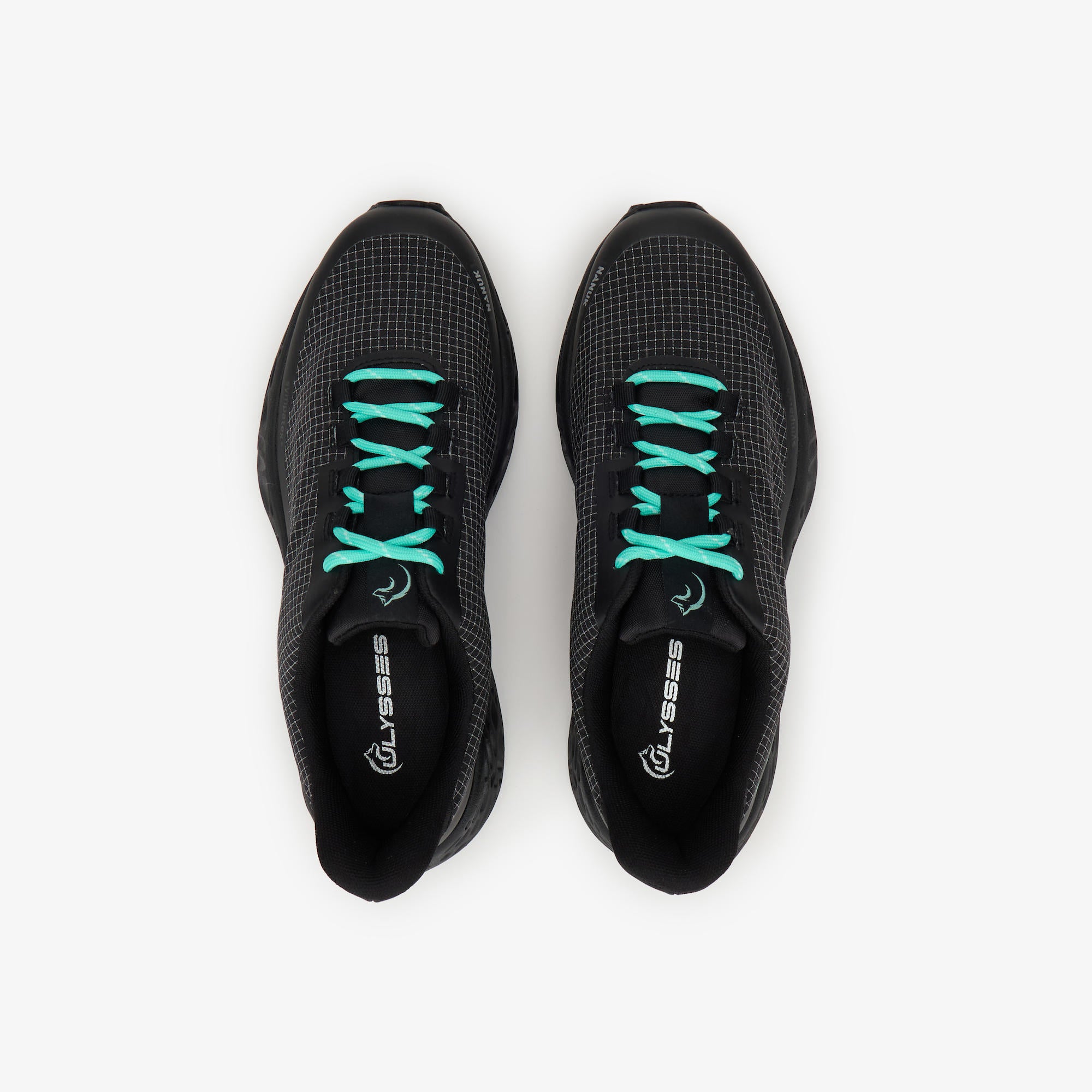 A pair of black mesh athletic shoes shown from a top-down view, featuring bright turquoise laces and a white ULYSSES brand name printed on the insoles.