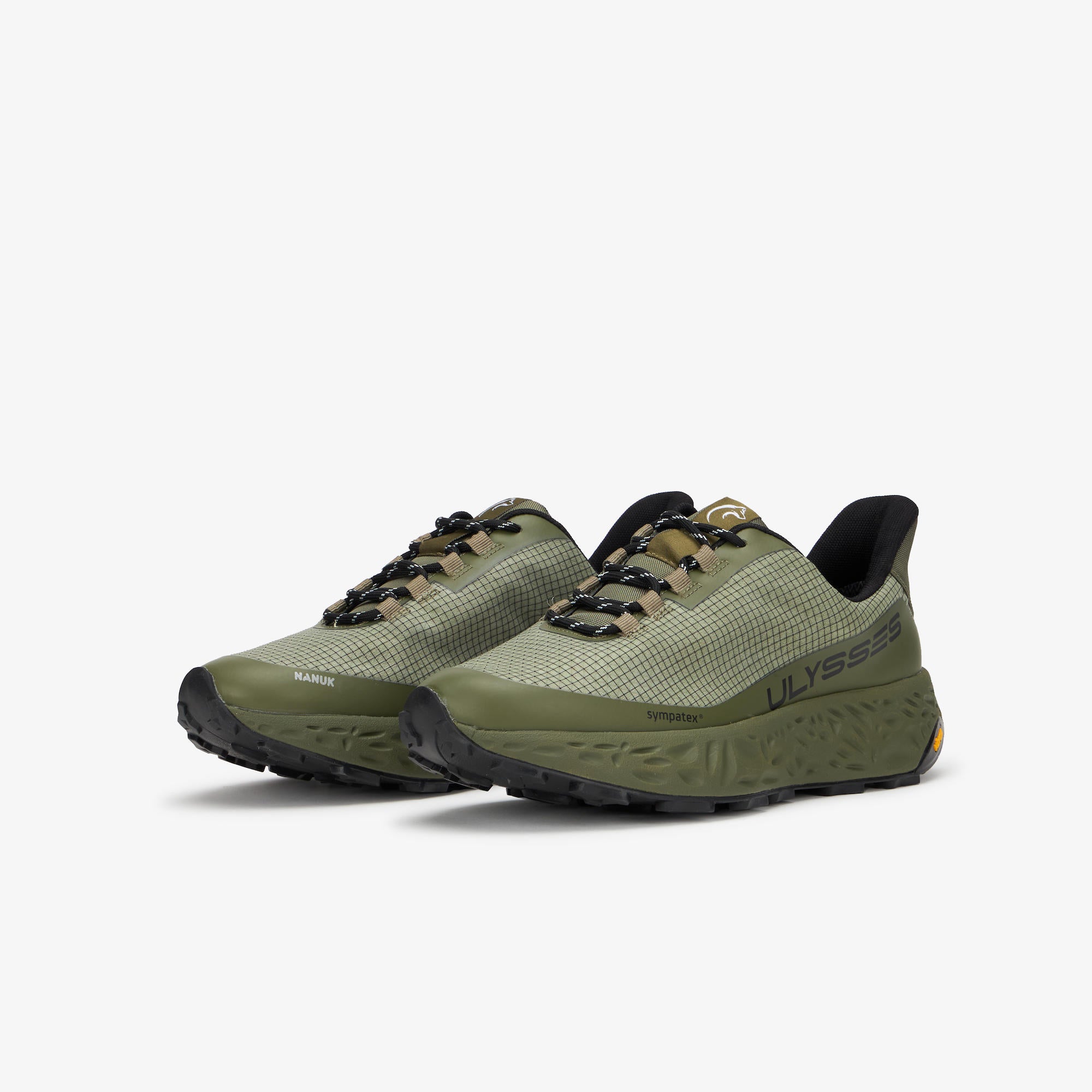 A pair of Ulysses trail running shoes in olive green and black, shown from a three-quarters angle on a light gray background.