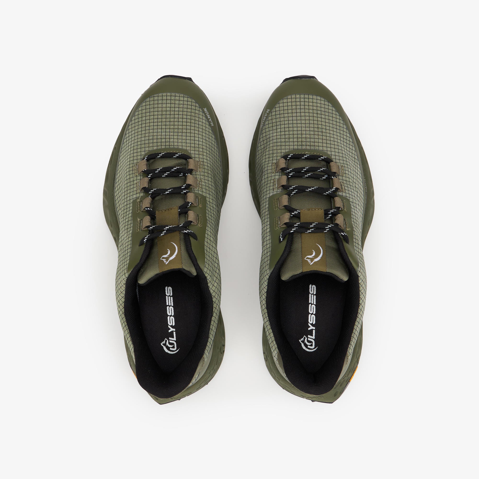 A pair of ULYSSES NANUK athletic sneakers in olive green and black, shown from a top-down view on a light gray background.