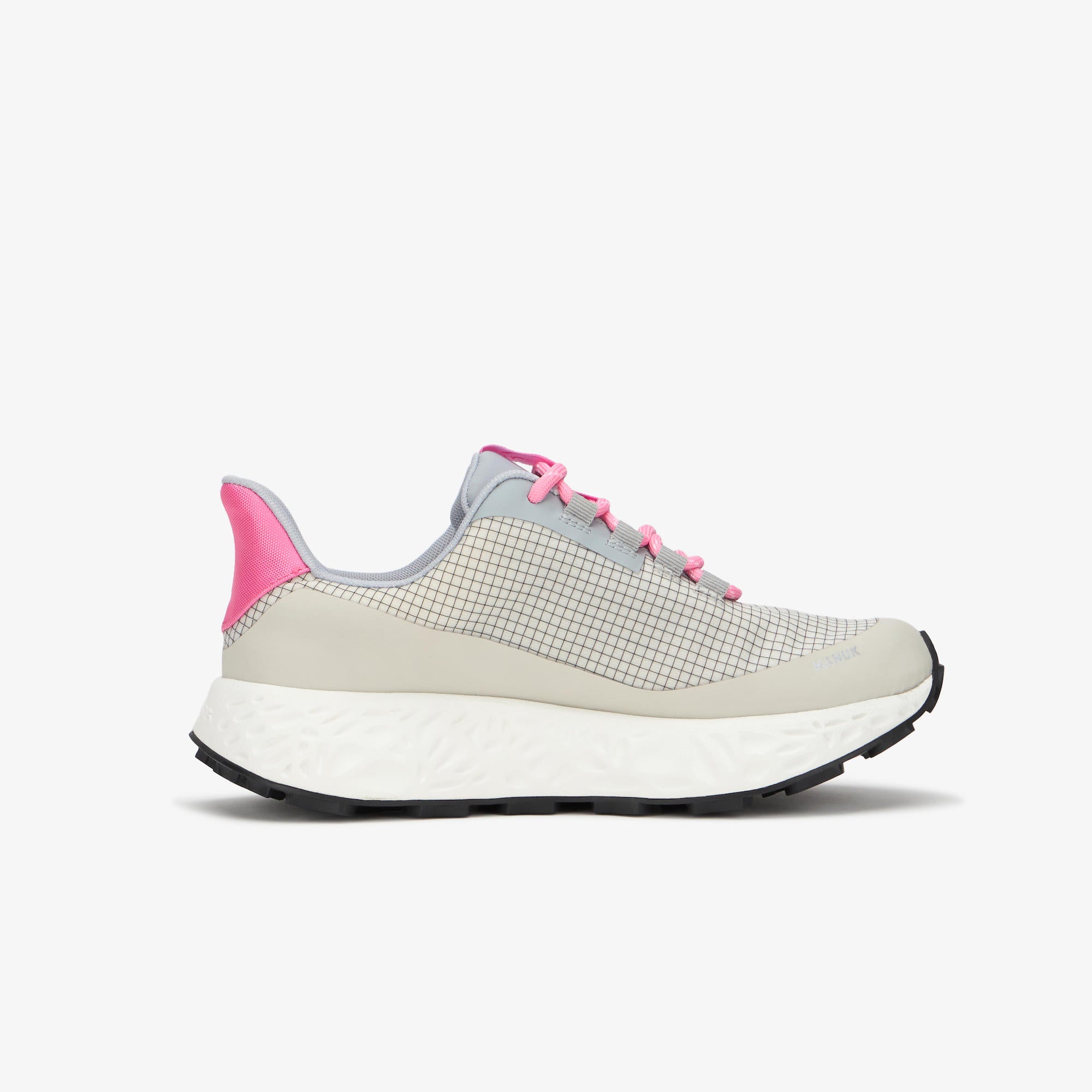 A light gray and beige mesh athletic sneaker with a bright pink heel tab and pink laces, shown from a side profile on a light gray background.