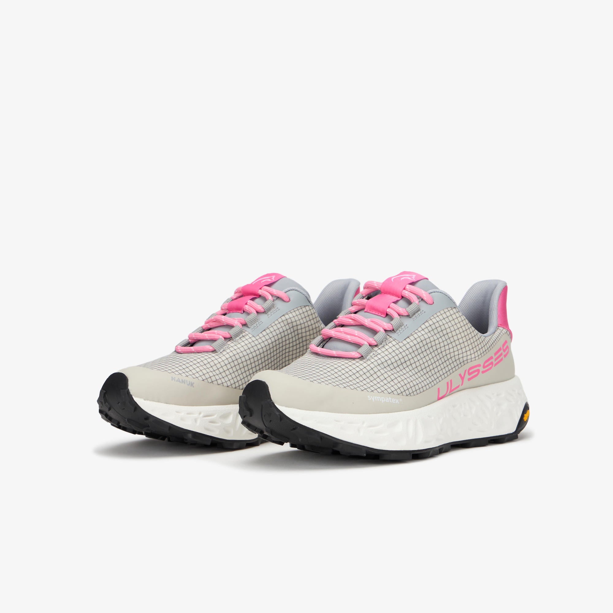 A pair of ULYSSES NANUK running shoes in light gray and beige with bright pink laces and lining, featuring a thick white midsole and black outsole, set against a plain light gray background.