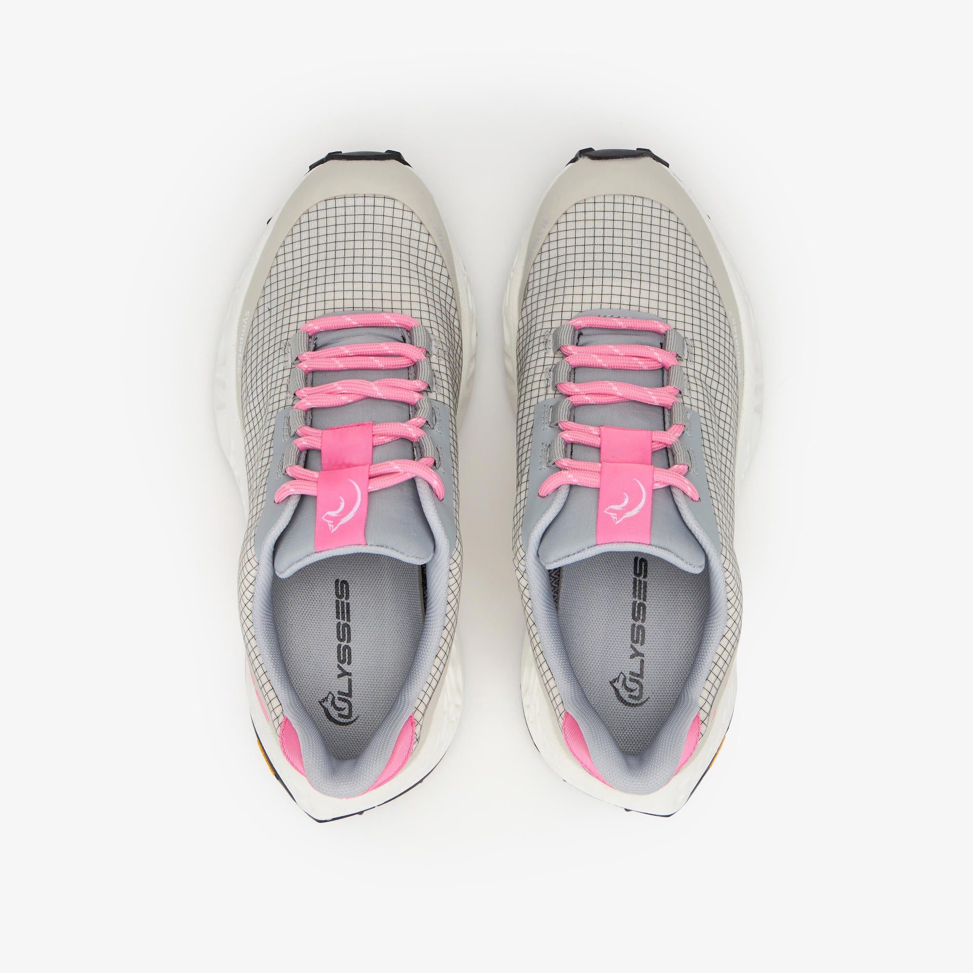 A pair of gray and white athletic sneakers with bright pink laces and pink accents, shown from a top-down view on a white background.
