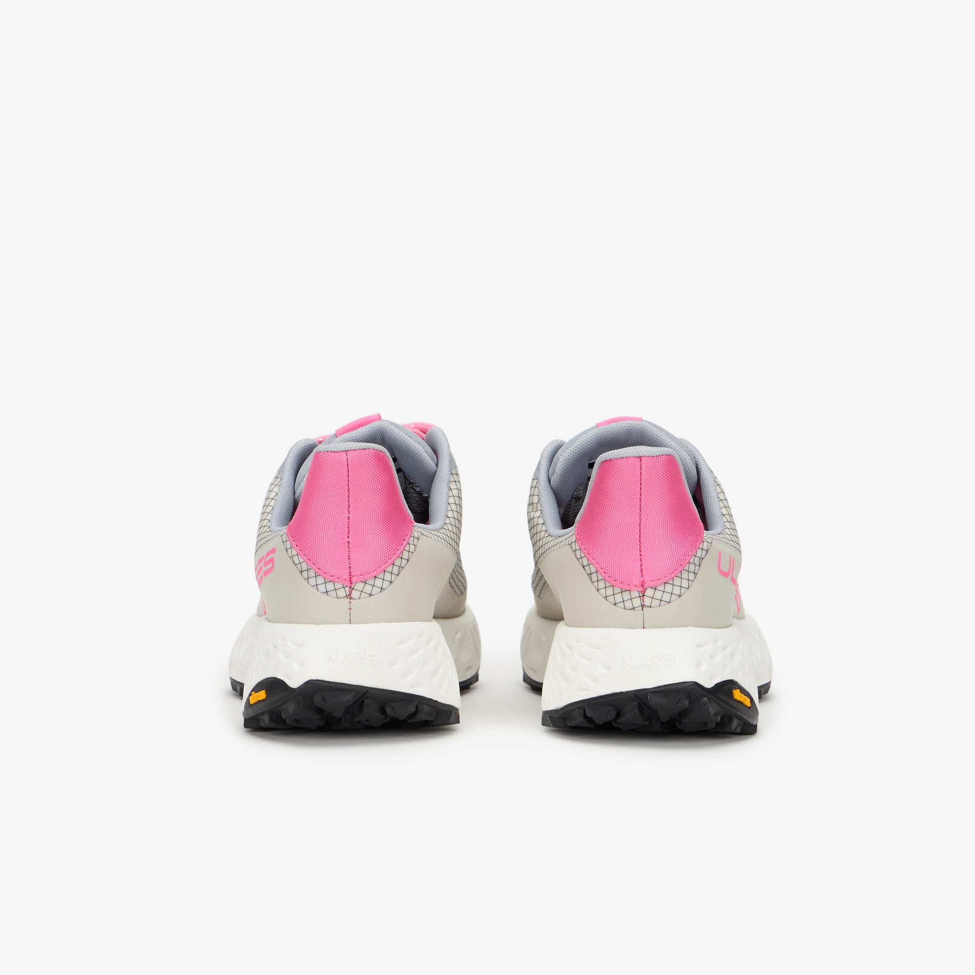 A pair of running shoes shown from the back, featuring a light gray mesh upper, a vibrant pink heel counter, a white midsole, and a black outsole.