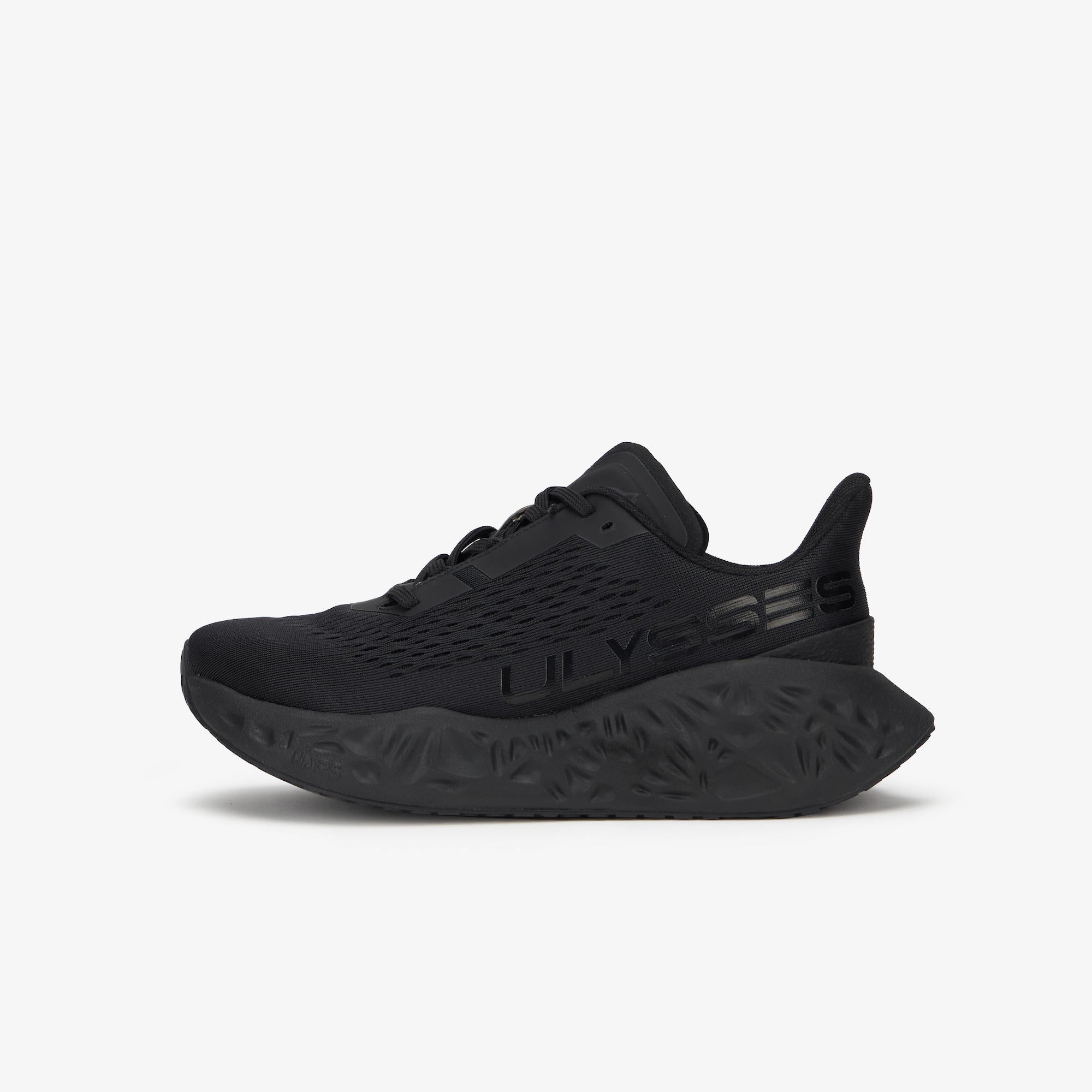 A black ULYSSES WAYA running shoe shown in a side profile view against a clean, light gray background.