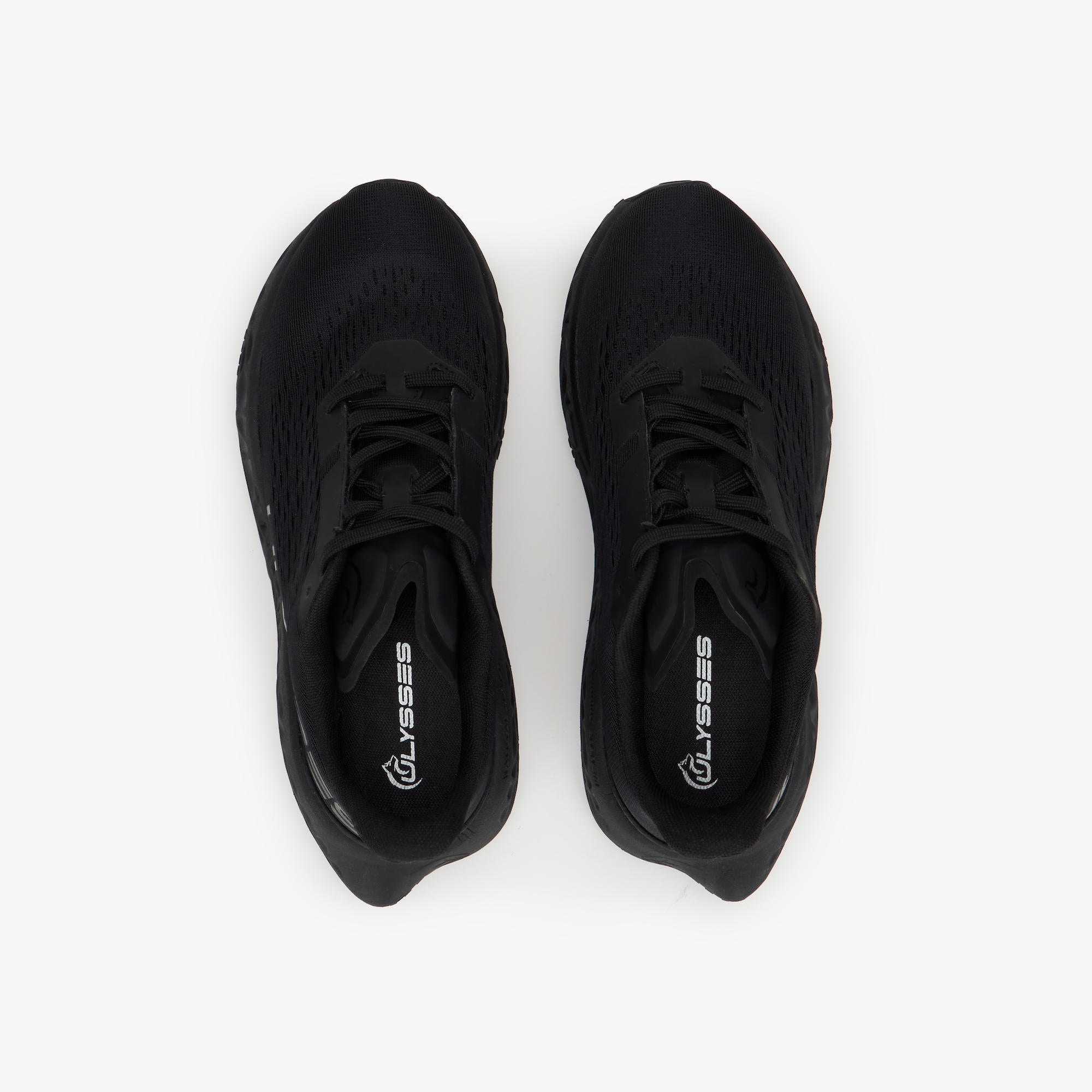 A pair of black running shoes shown from a top-down view on a clean white background. The brand name 'ULYSSES' is printed in white on the heel area of each shoe.