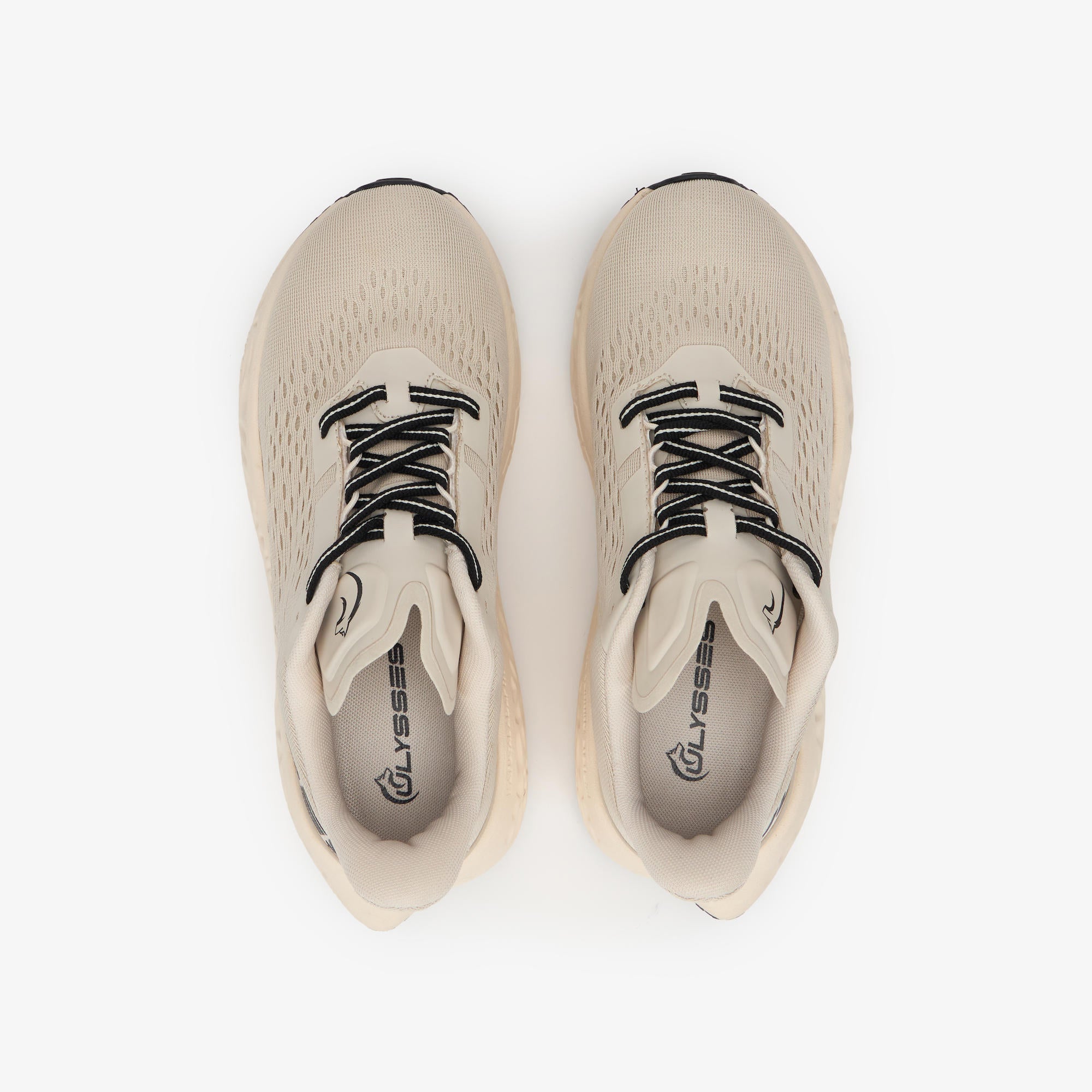 A pair of beige athletic sneakers shown from a top-down view on a clean white background. The shoes feature a breathable mesh upper, black laces, and the brand name 'ULYSSES' printed on the insole.