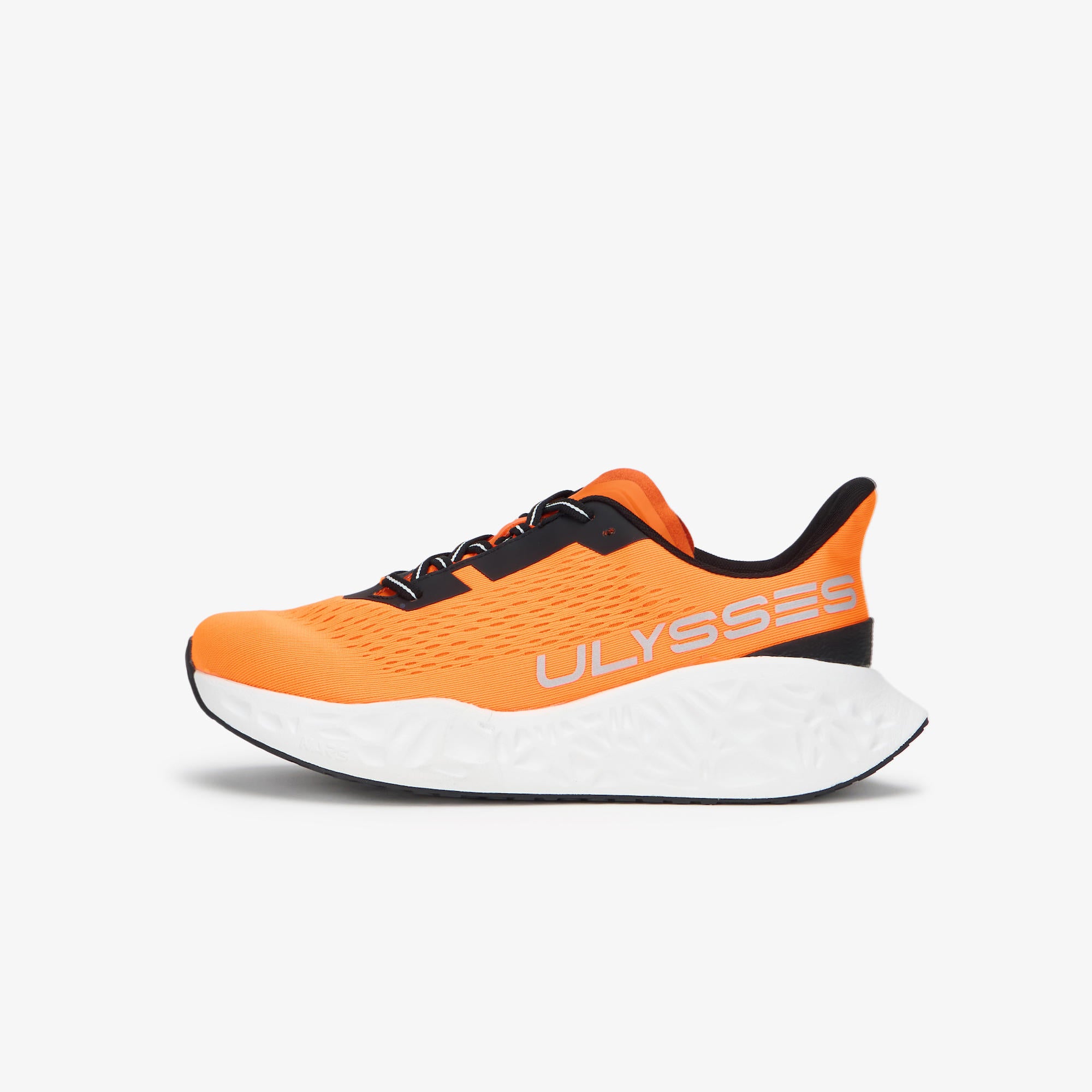 A single Ulysses running shoe in bright orange and black with a thick white midsole, shown from the side profile against a light gray background.