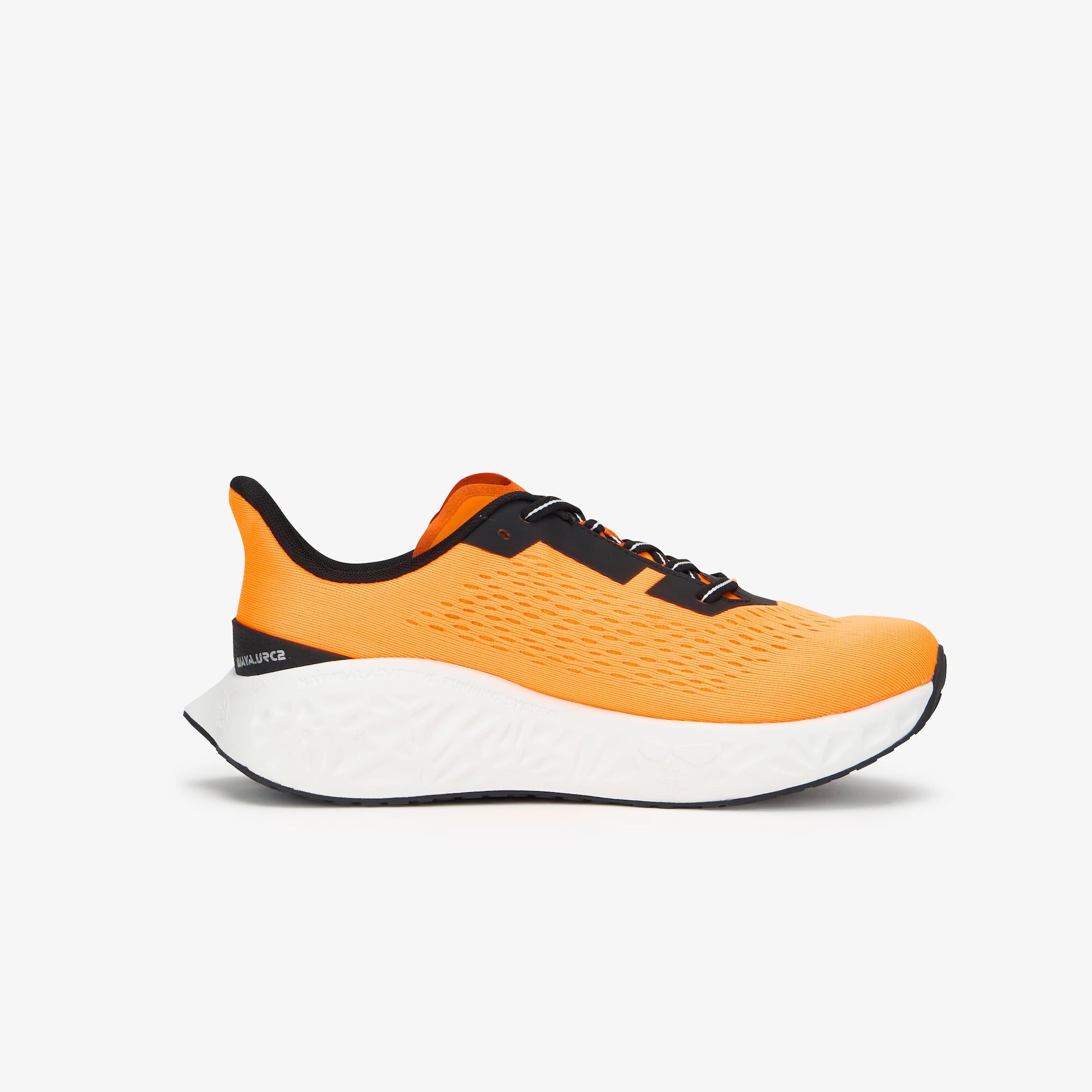 A single running shoe in bright orange and black with a thick white midsole, shown from the side against a light gray background.