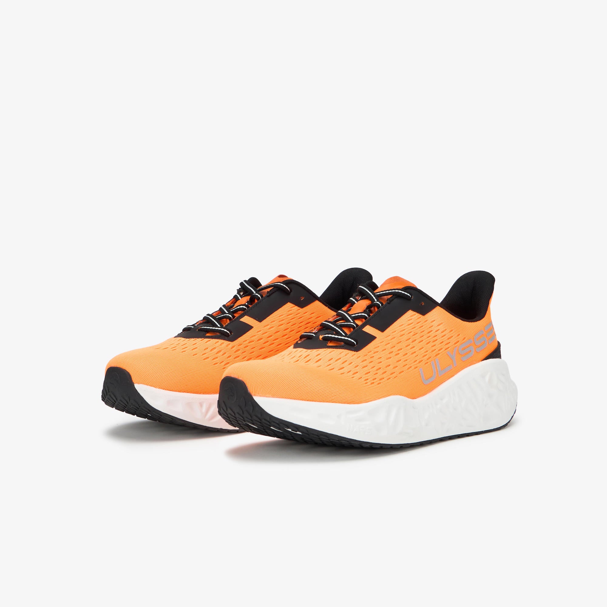 A pair of running shoes in bright orange and black with a thick white midsole, shown on a light gray background.