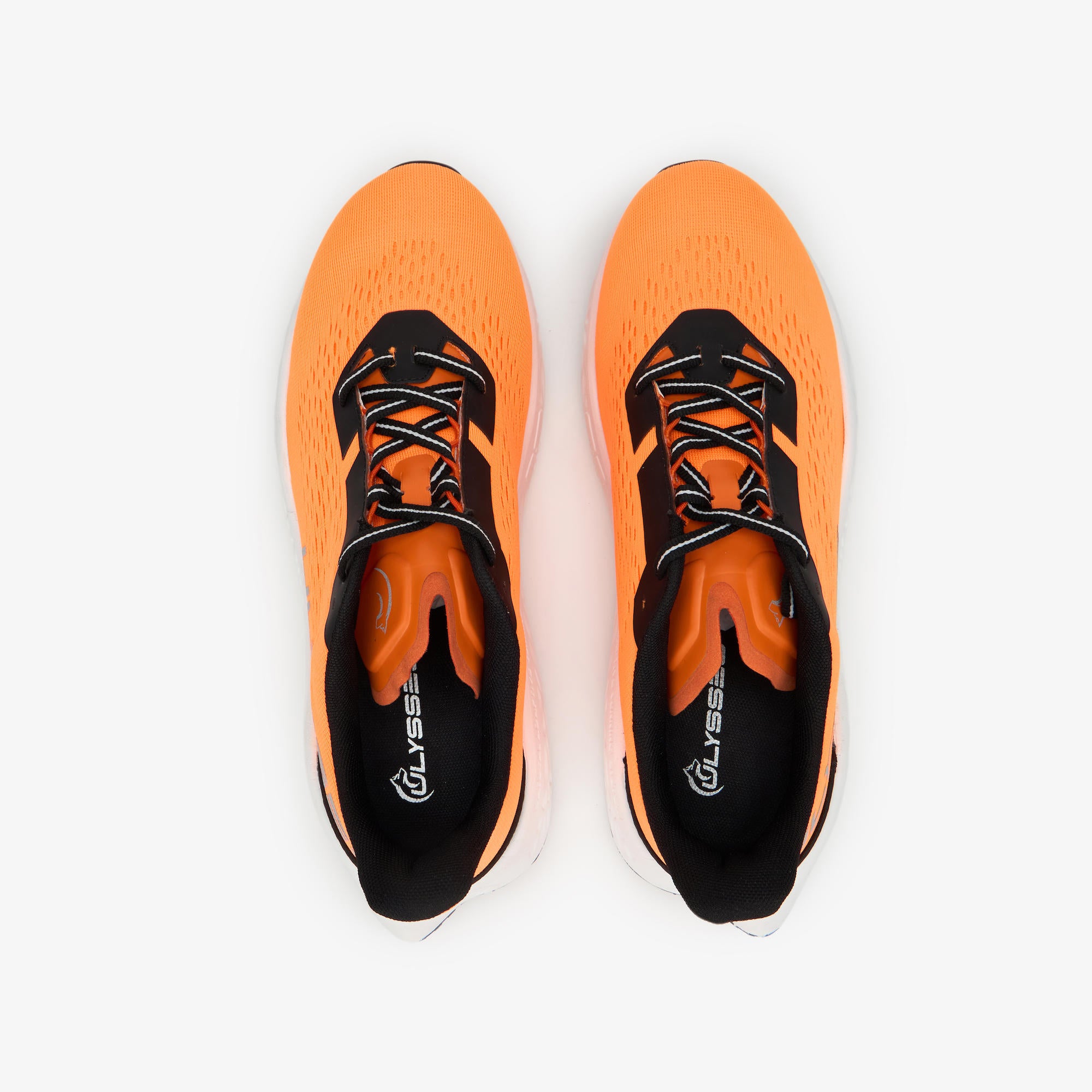 A pair of athletic running shoes in bright orange and black, viewed from a top-down angle on a clean white background.