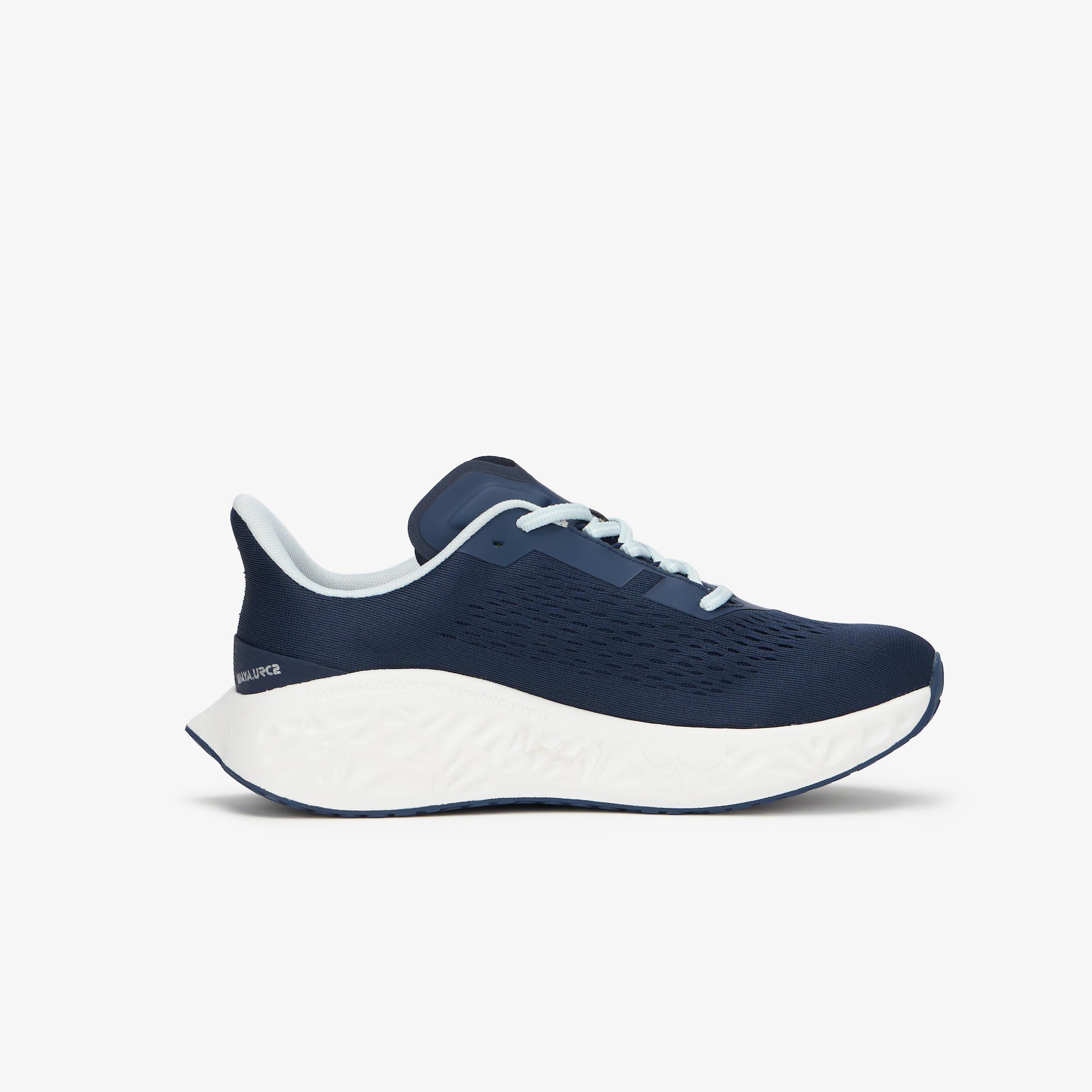 A navy blue running shoe with a thick white cushioned sole, shown in a side profile on a light gray background.
