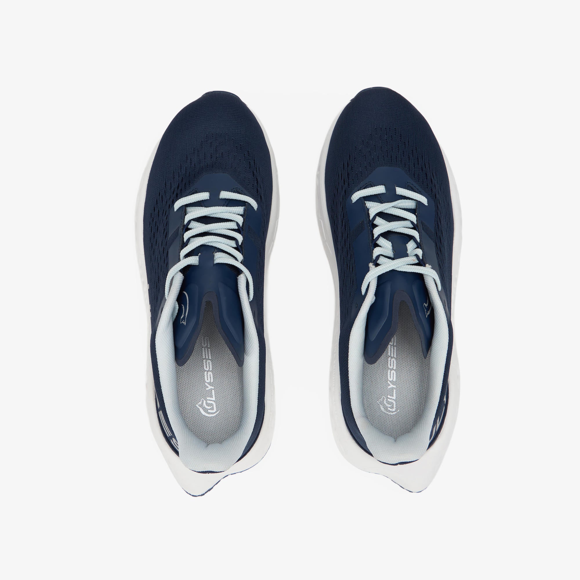 A pair of navy blue Ulysse running shoes shown from a top-down view against a light gray background.