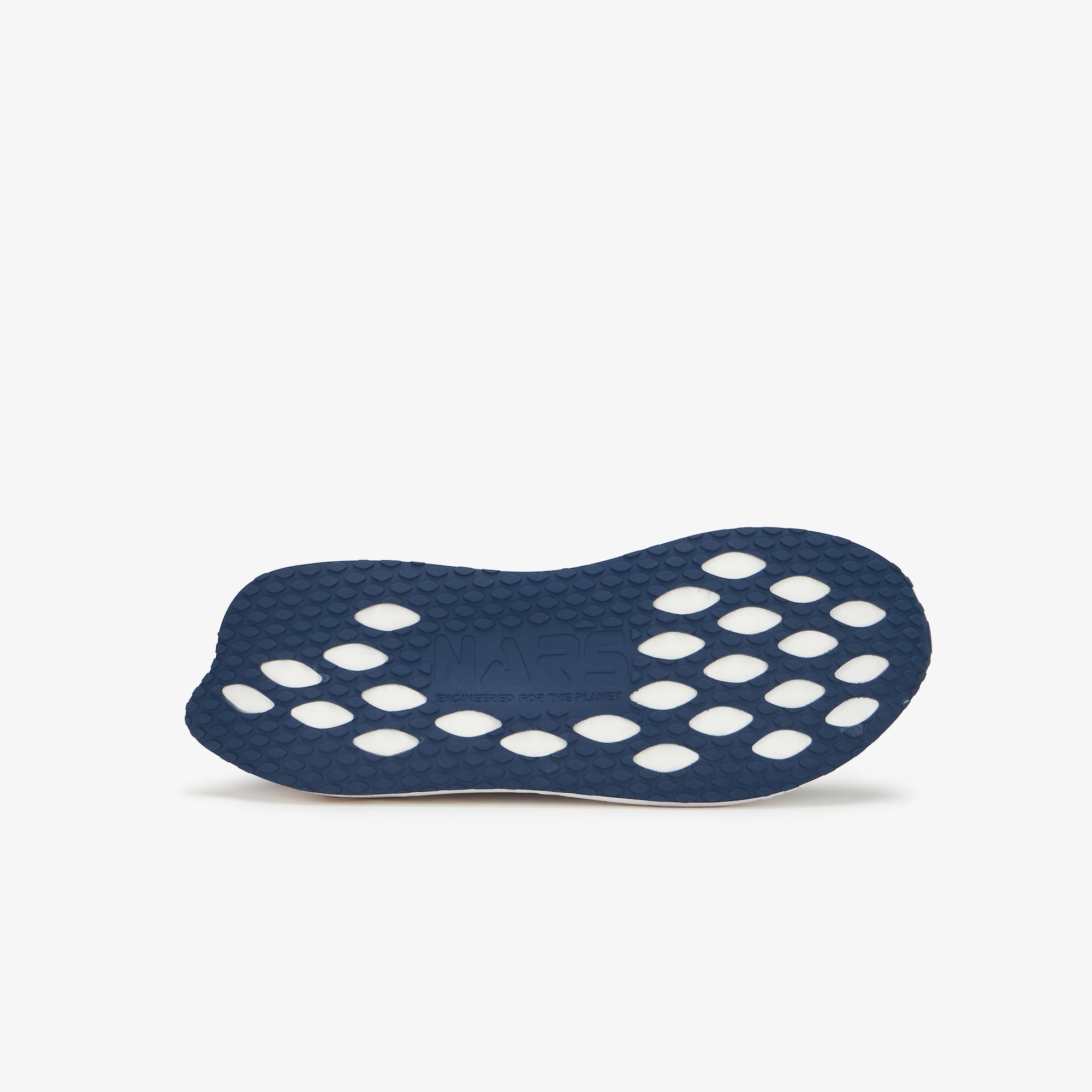 A navy blue shoe insole with a textured surface and circular cutouts, shown from a side profile view on a light gray background.
