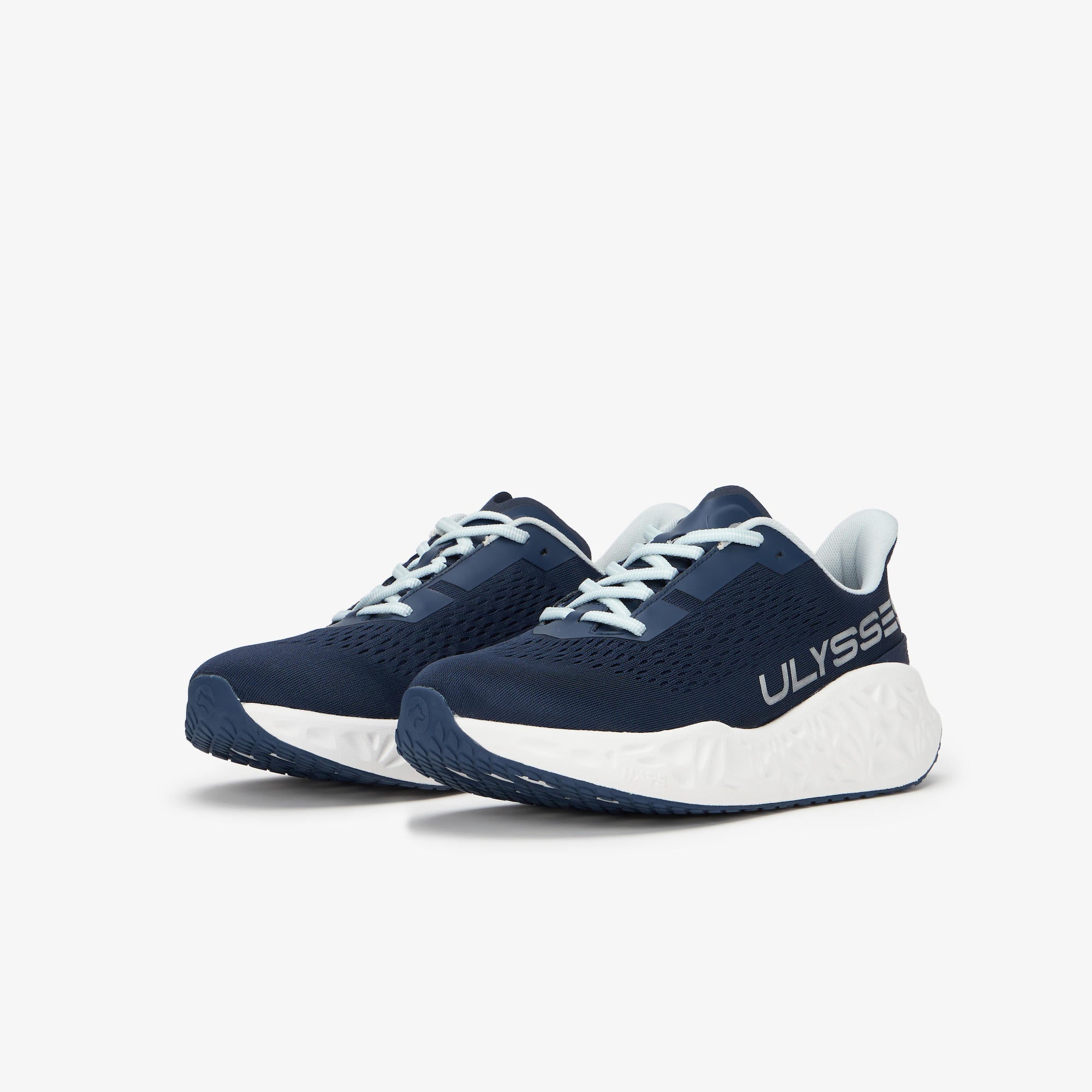 A pair of navy blue athletic sneakers with white laces and a white midsole, featuring the brand name 'ULYSSES' printed in white on the side, set against a light gray background.
