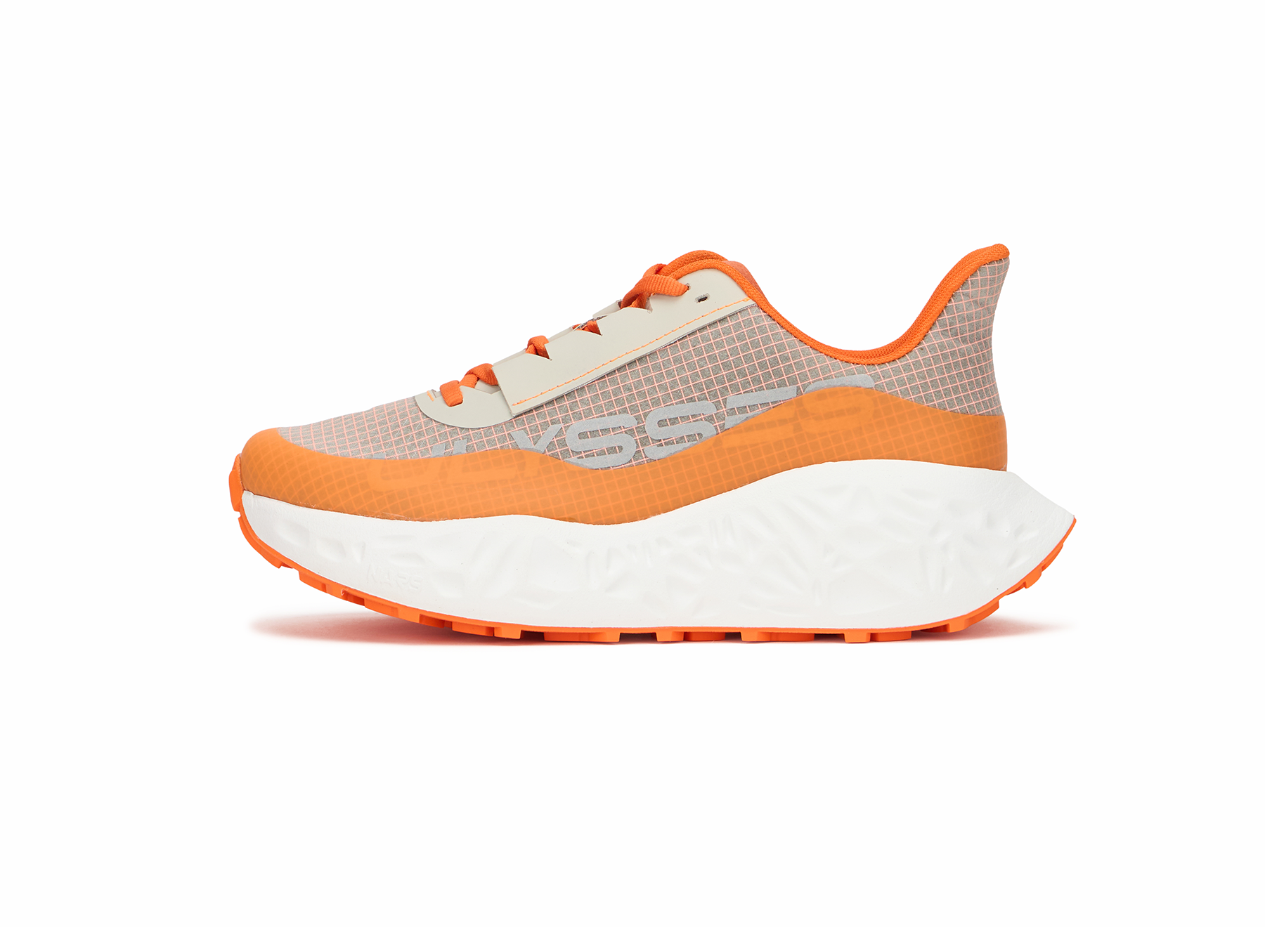 Product shot of an orange and beige Ulysses trail shoe, side view on a white background.