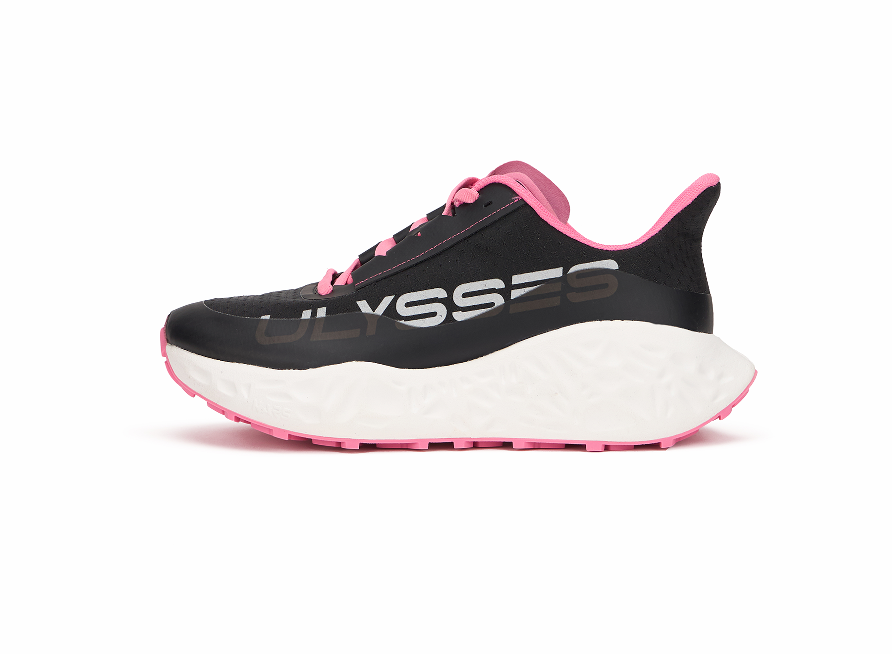 Product shot of a black Ulysses trail shoe with pink sole accents, side view on a white background.