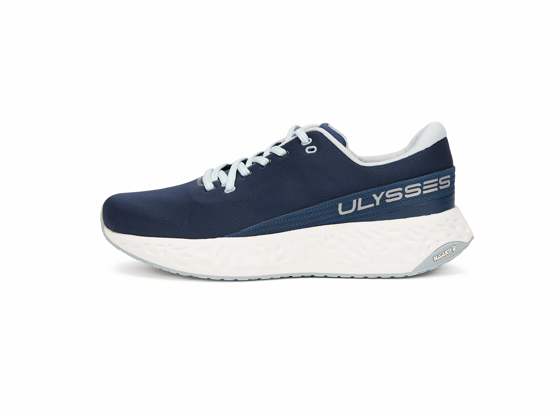 Product shot of a navy blue Ulysses running shoe with light blue laces, side view on a white background.