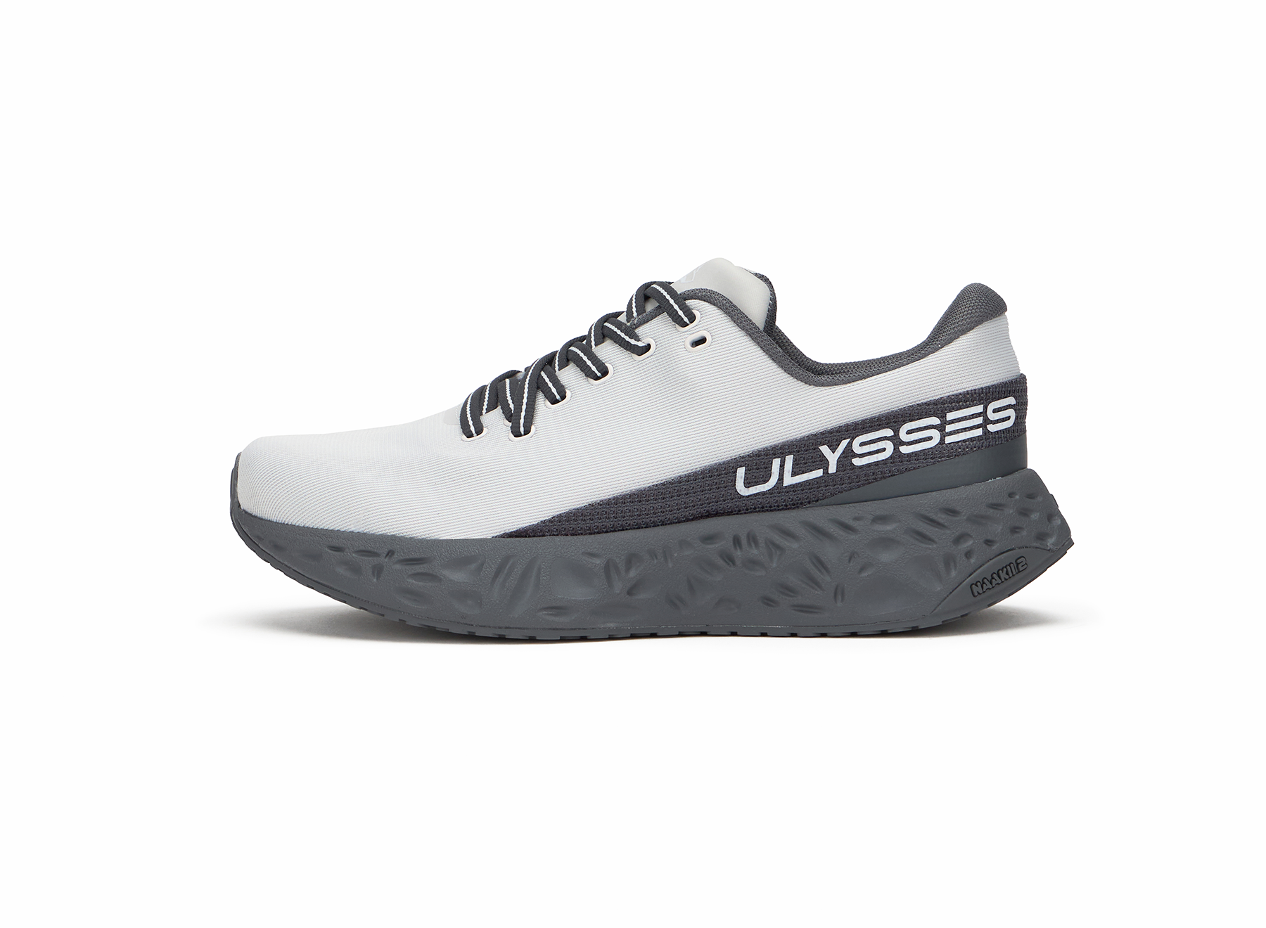 Product shot of a light gray and charcoal Ulysses running shoe, side view on a white background.