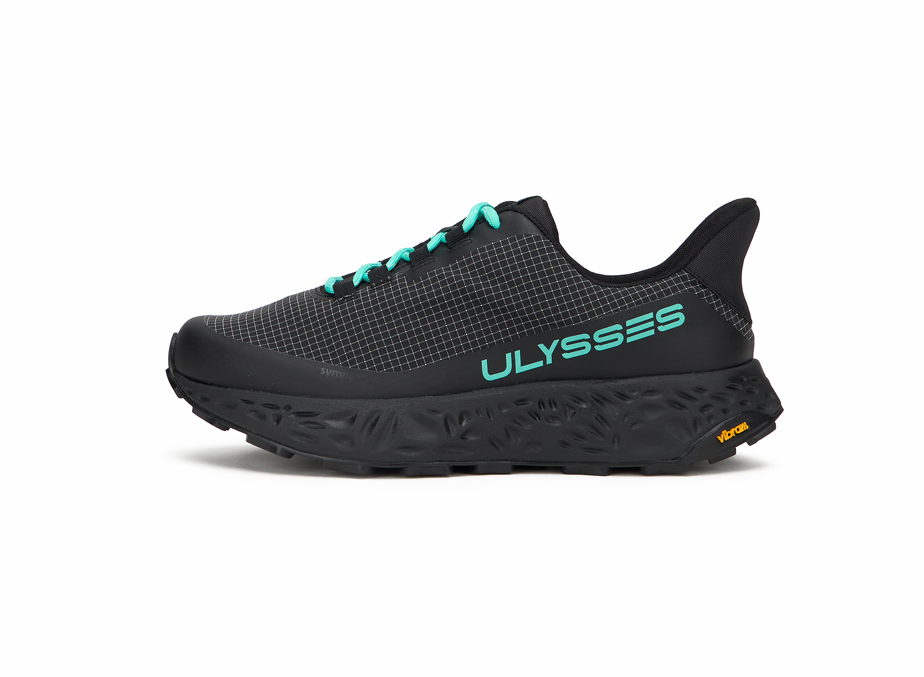 Product shot of a black Ulysses trail shoe with teal laces and a Vibram outsole, side view on a white background.