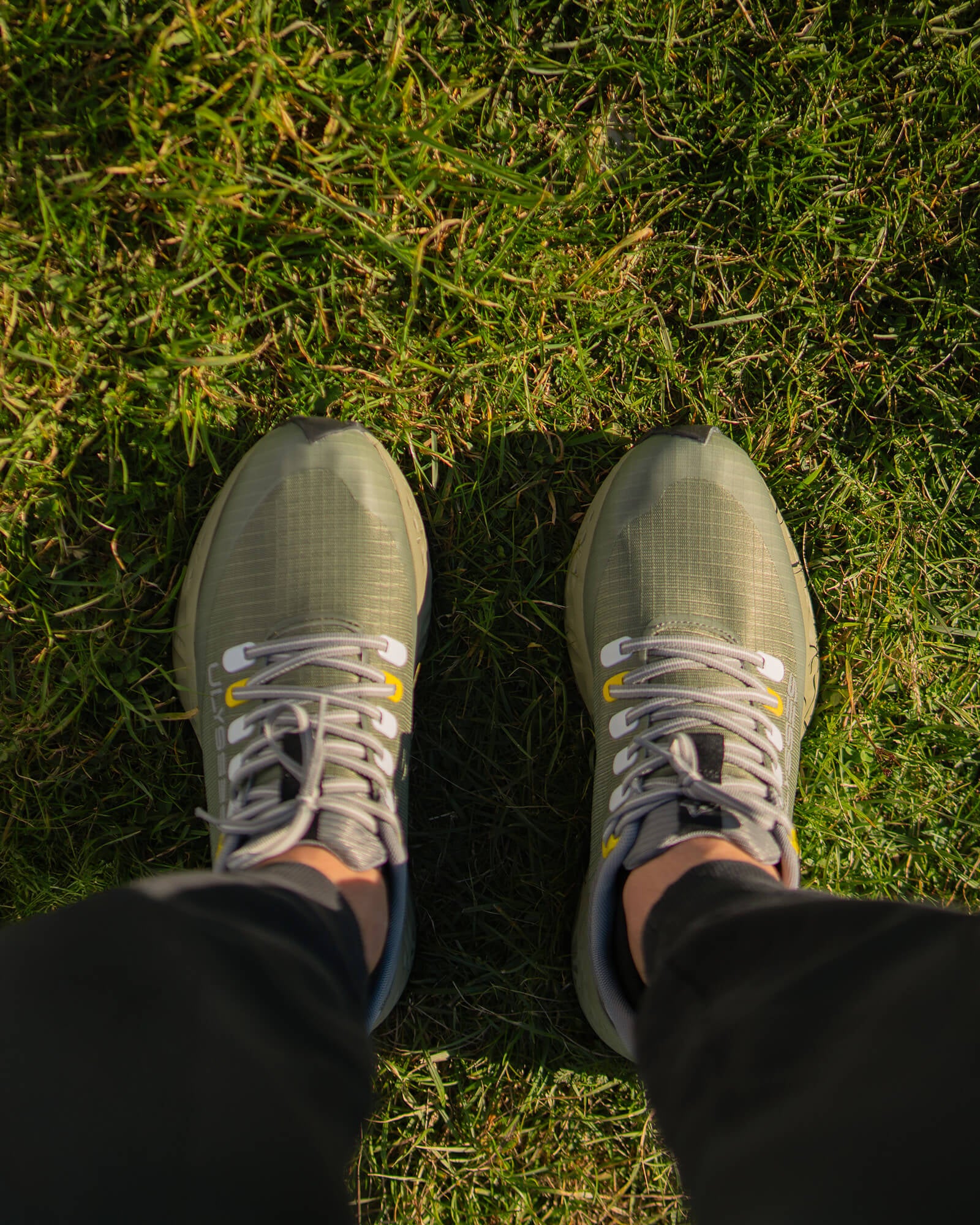 Top view of a pair of green Ulysses running shoes on grass, highlighting the structured upper and lacing details.