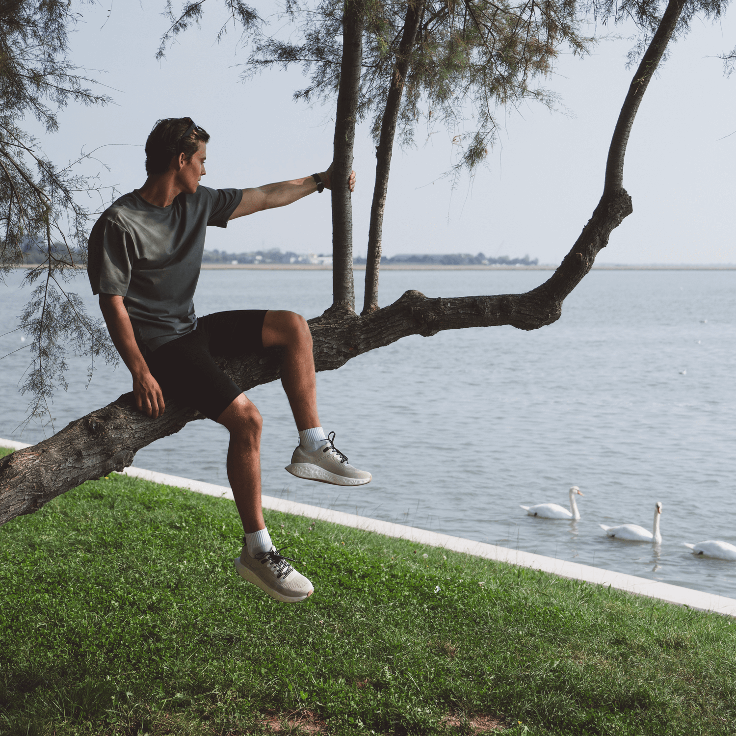 A man sitting on a tree branch near a lakeside, wearing Ulysses Running Shoes from the Urban Collection 2025.