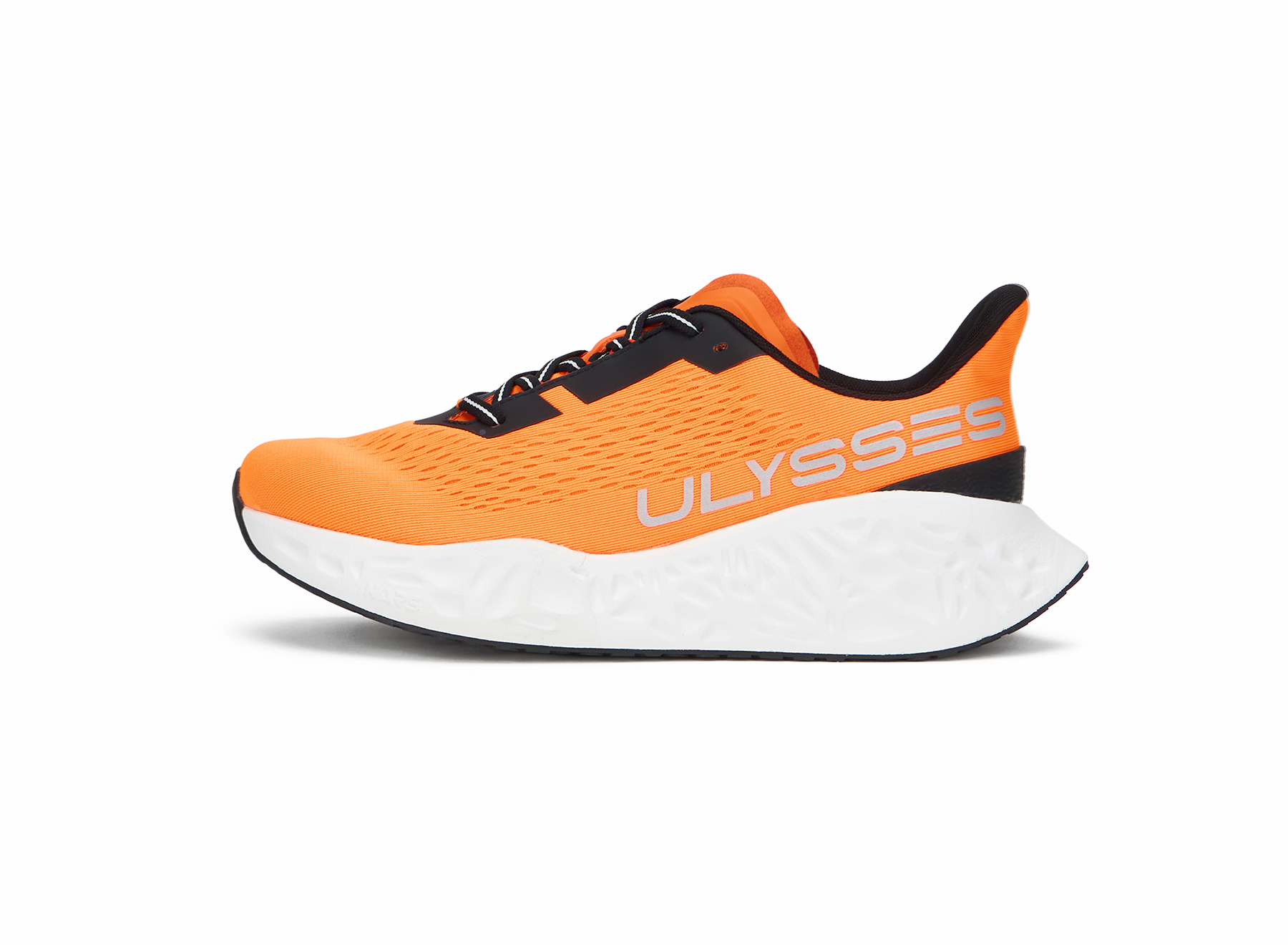Product shot of an orange and black Ulysses running shoe, side view on a white background.
