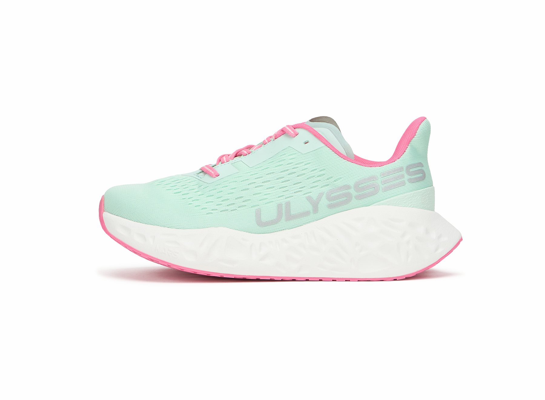 Product shot of a light mint green and pink Ulysses running shoe, side view on a white background.